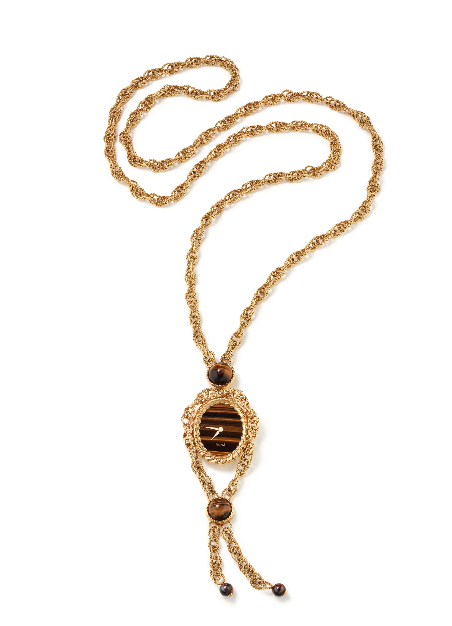 <p><strong>PIAGET</strong>. A Tiger's Eye and Gold Watch Necklace</p>