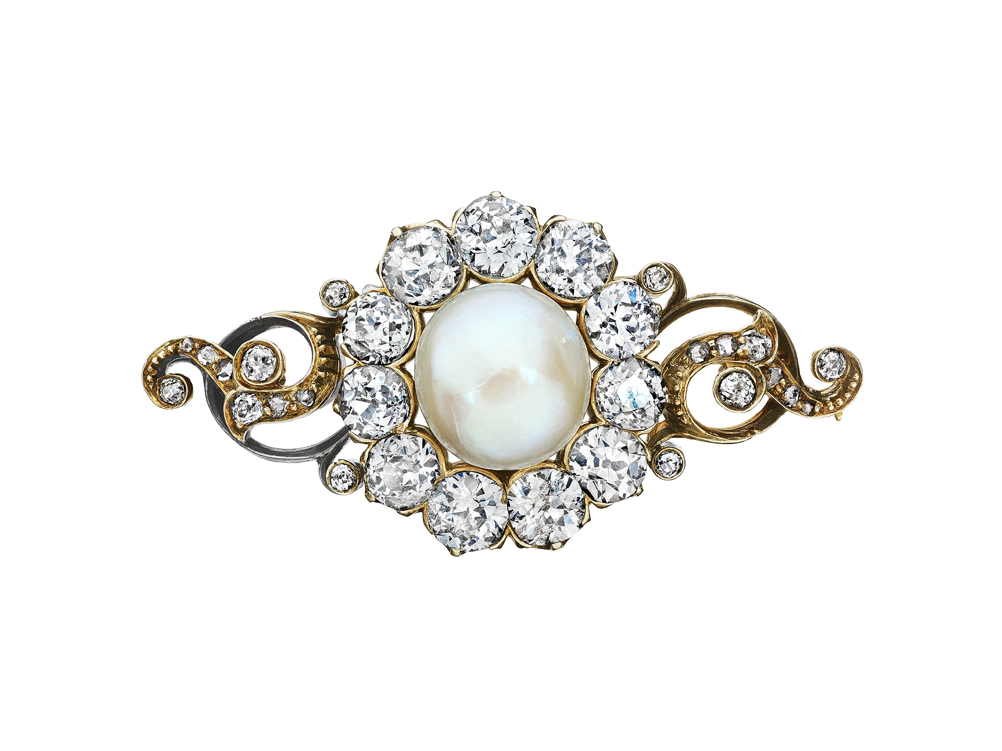 <p>An Antique Natural Pearl, Diamond, and Silver-Topped Gold Brooch</p>