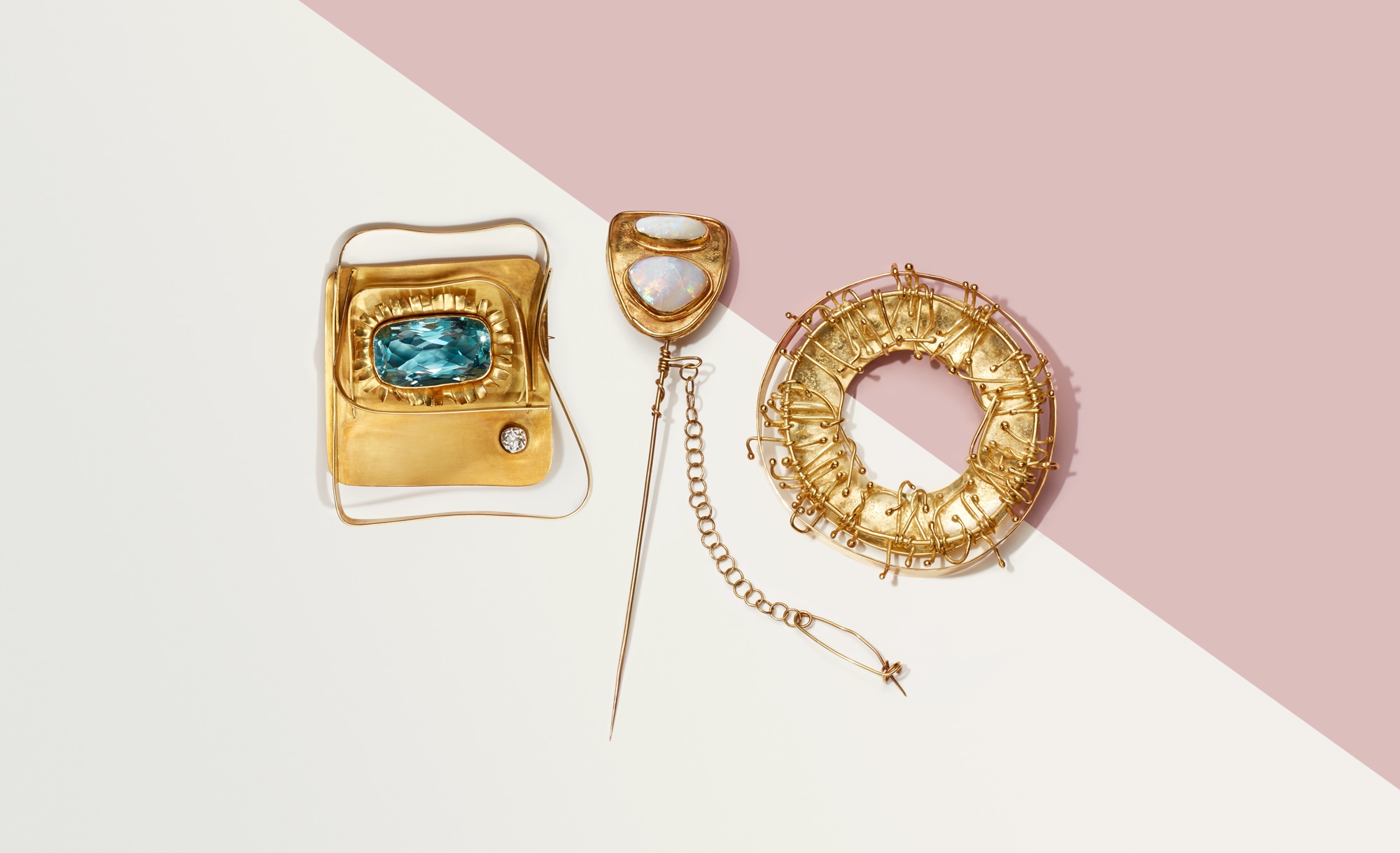 <p><strong>CORALYNN PENCE</strong>. A Diamond, Aquamarine and Gold Brooch; <strong>CORALYNN PENCE</strong>. A Gold Brooch; <strong>CORALYNN PENCE</strong>. An Opal and Gold Stick Pin &nbsp;</p>
