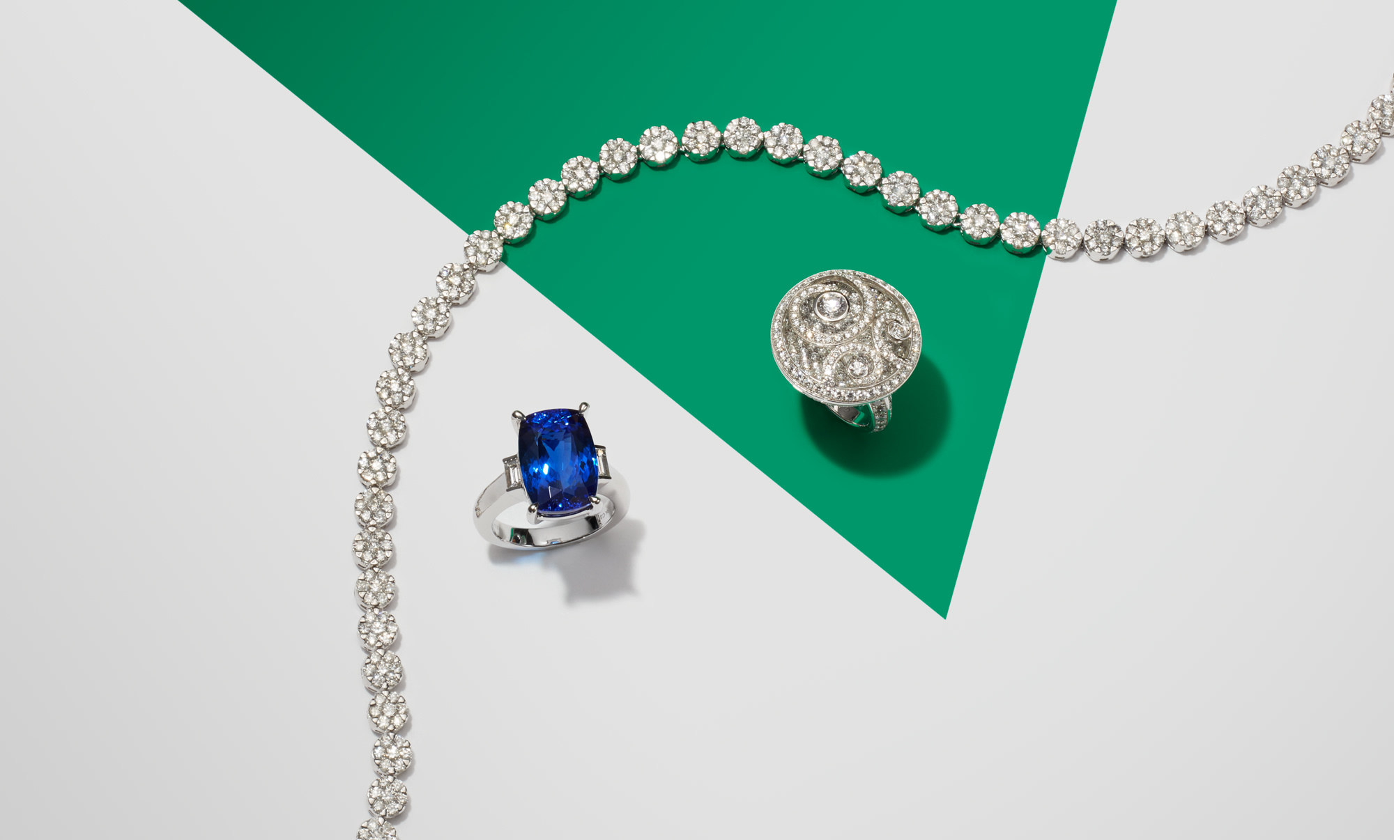 <p><strong>GRAFF</strong>. A Diamond and Gold &lsquo;Diamond on Diamond&#39; Ring; A Tanzanite, Diamond and Gold Ring; A Diamond and Gold Necklace &nbsp;</p>
