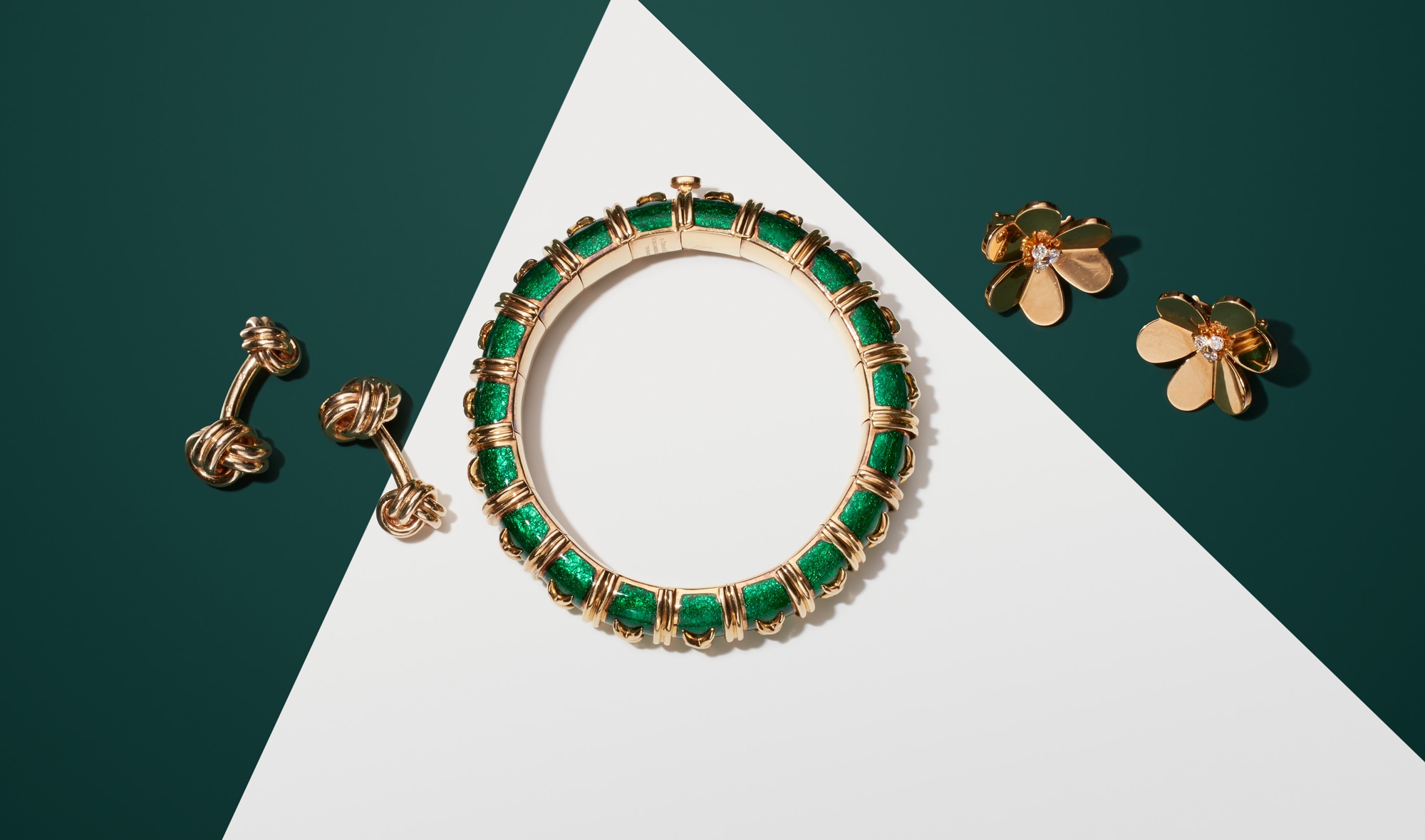 <p><strong>CARTIER</strong>. A Pair of Gold &lsquo;Knot&rsquo; Cufflinks; <strong>SCHLUMBERGER FOR TIFFANY &amp; CO</strong>. An Enamel and Gold &lsquo;Croisillion&rsquo; Bracelet; <strong>VAN CLEEF &amp; ARPELS</strong>. A Pair of Diamond and Gold &lsquo;Frivole&rsquo; Earrings &nbsp;</p>
