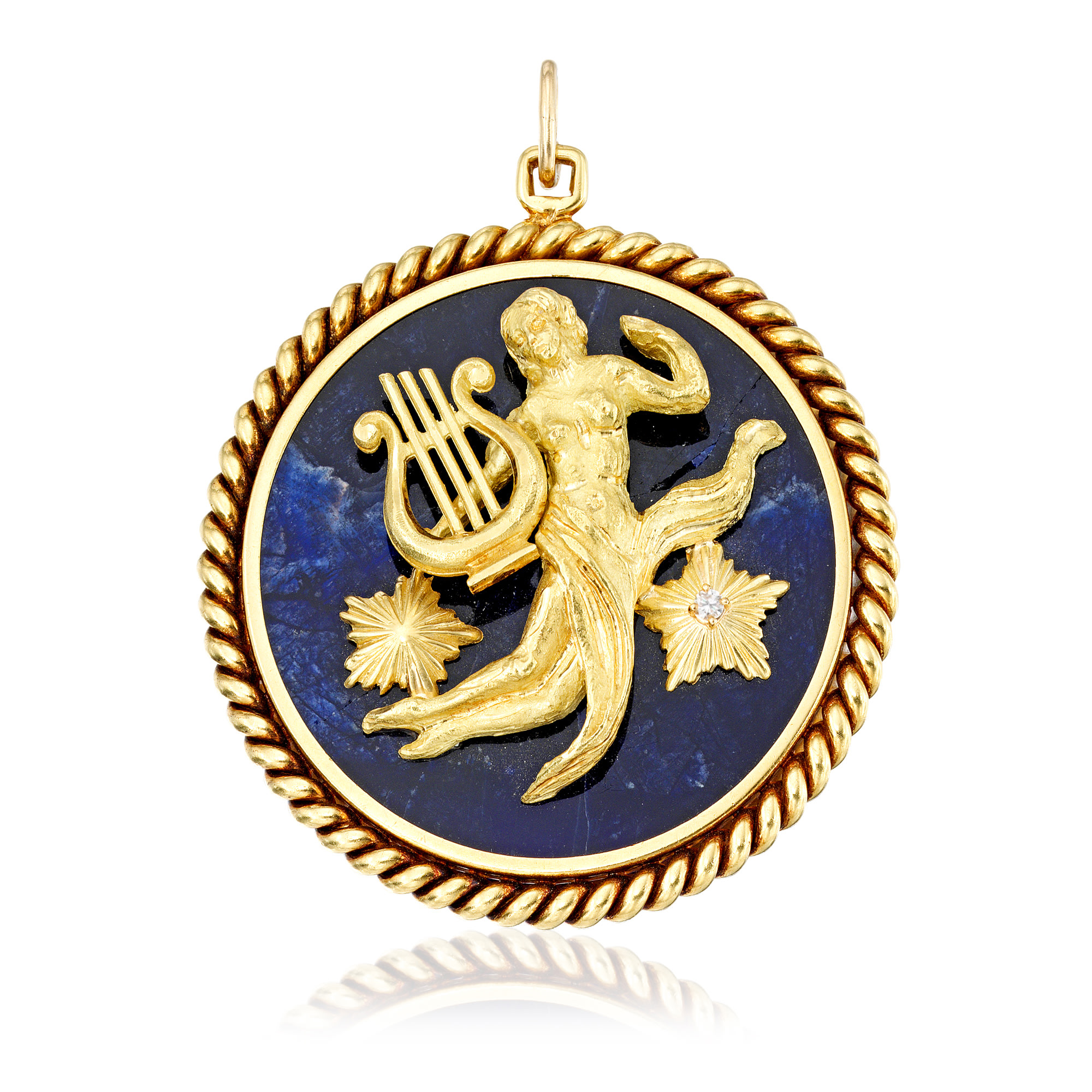 <p><strong>A LAPIS LAZULI</strong> <em>Diamond, and Gold ‘Virgo Zodiac’ Pendant </em></p>