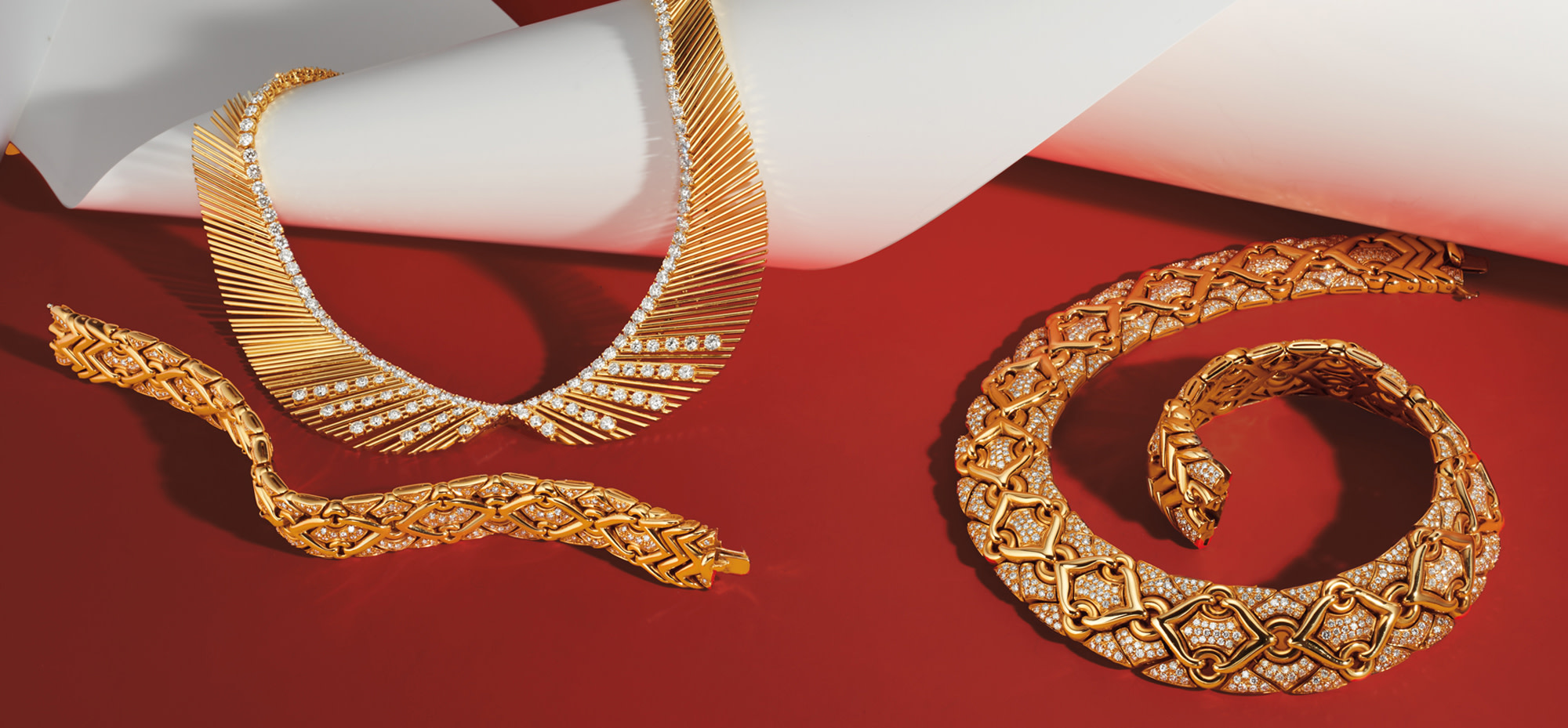 <p><strong>G&Eacute;RARD</strong>. A Diamond and Gold &lsquo;Angel Hair&rsquo; Necklace; <strong>BULGARI</strong>. A Set of Diamond and Gold &lsquo;Trika&rsquo; Jewelry</p>
