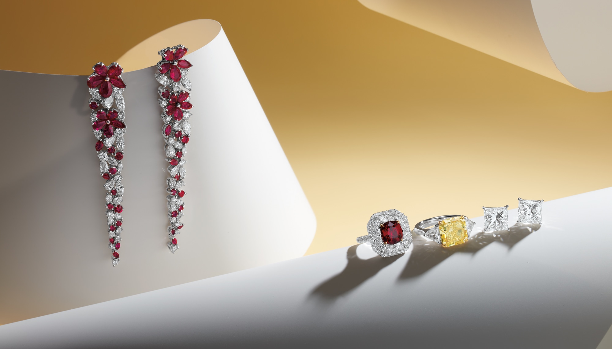 <p><strong>GRAFF</strong>. A Pair of Ruby and Diamond &lsquo;Carissa&rsquo; Earrings; A Spinel and Diamond Ring;&nbsp;A Fancy Intense Yellow Diamond and Diamond Ring<strong>; </strong>&nbsp;A Pair of Diamond Earrings</p>
