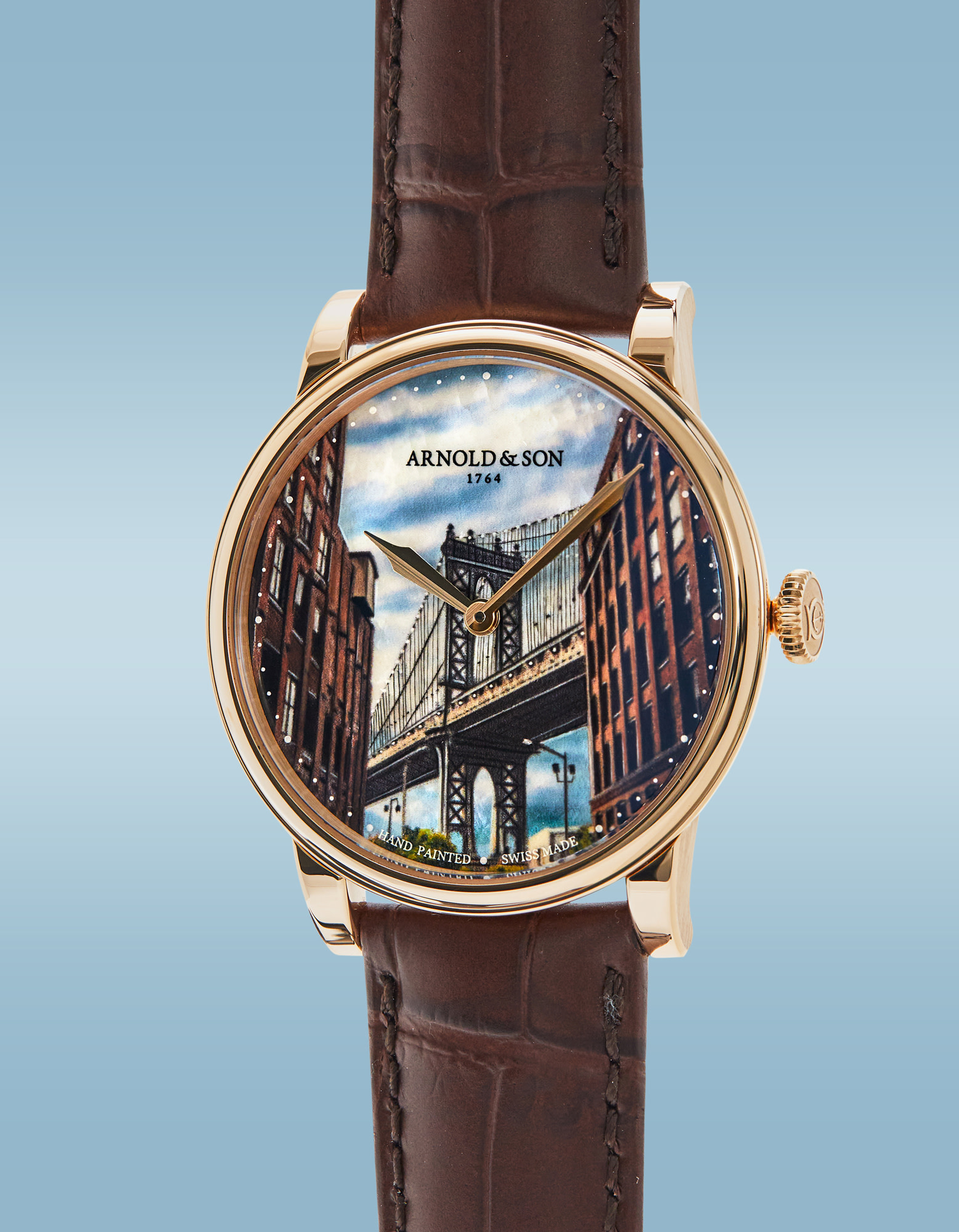 <p><strong>Arnold & Son. </strong>Pink gold wristwatch with “Manhattan Bridge” dial, created for the <em>Horological Society of New York</em>, circa 2021. <strong>No Reserve Lot. </strong>Estimate: $5,000 to $10,000</p>