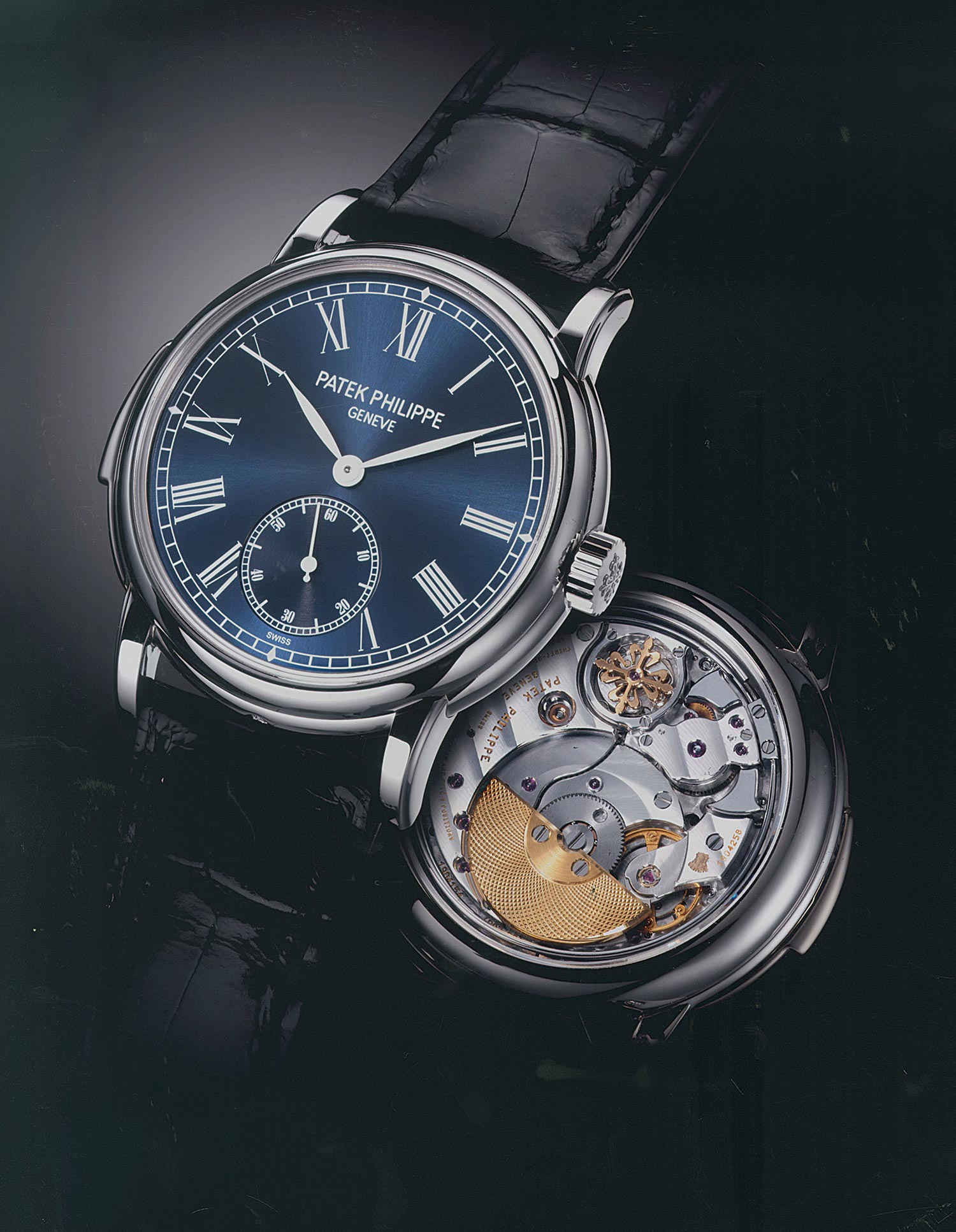 <b>PATEK PHILIPPE</b> Reference 5078P-013. A possibly unique, platinum, self-winding minute repeating wristwatch with blue 'soleil' dial with boxes, papers and certificate, circa 2009