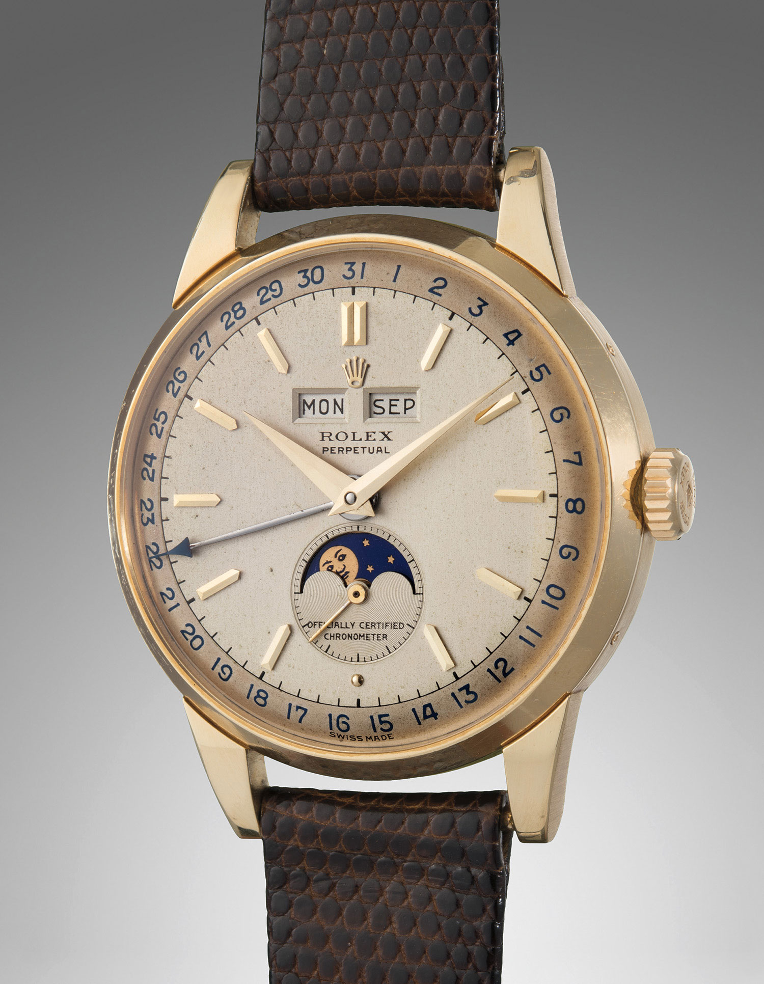 <b>ROLEX</b> Reference 8171. An extremely rare yellow gold triple calendar wristwatch with moon phases and two-tone dial, circa 1951