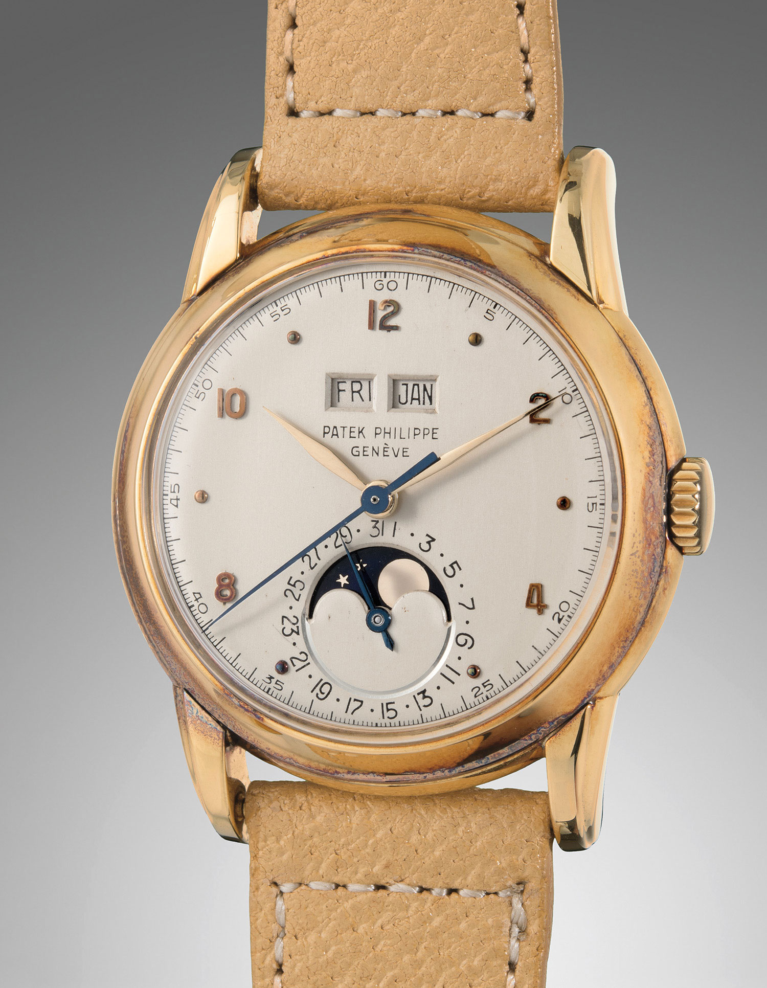 <b>PATEK PHILIPPE </b>Reference 2497. An early and extremely fine yellow gold perpetual calendar wristwatch with sweep center seconds and moon phases, circa 1951