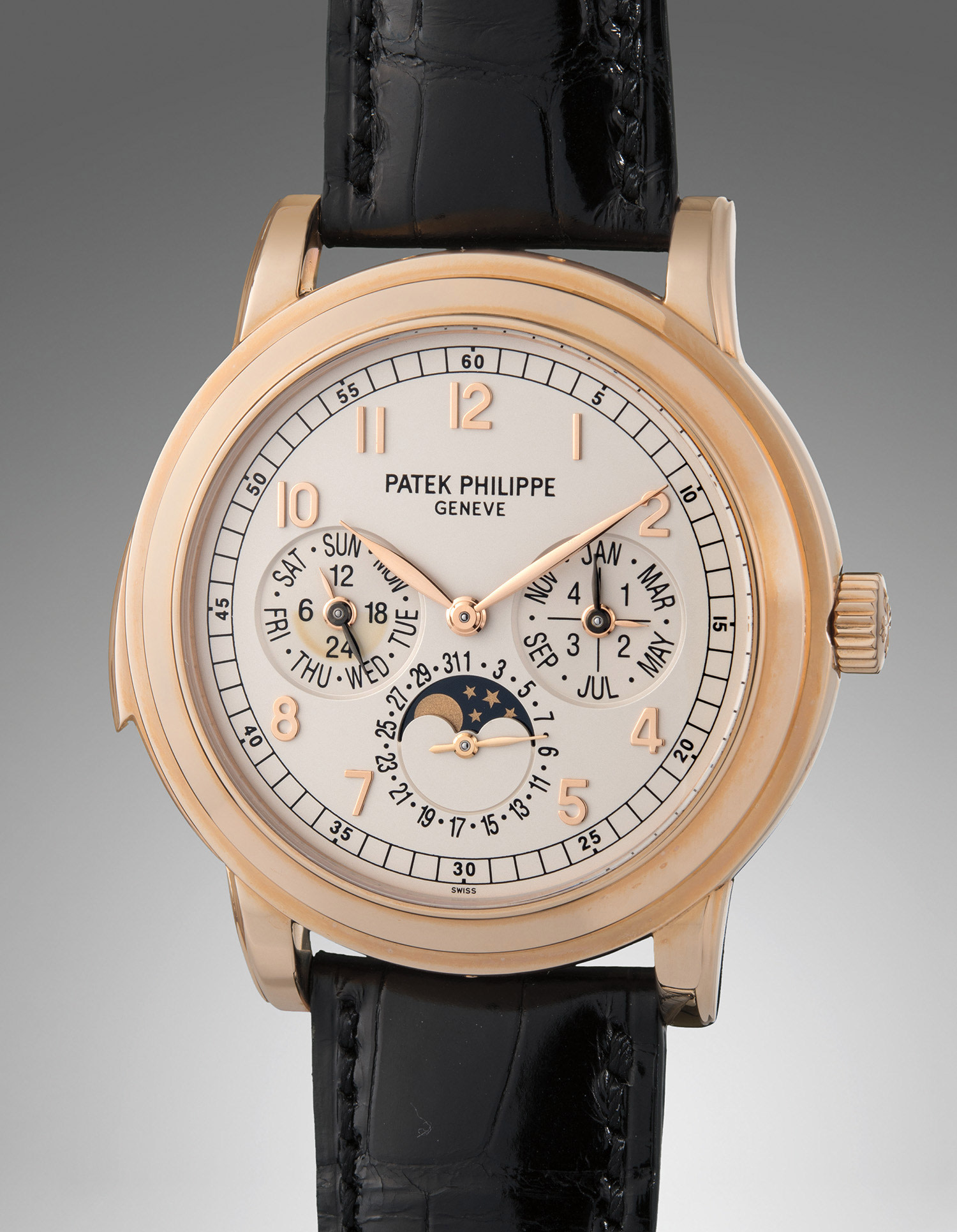 <b>PATEK PHILIPPE </b>Reference 5074R. A very rare and exceptional pink gold minute repeating calendar wristwatch with cathedral gongs, moon phases, 24-hour and leap year indications, circa 2012