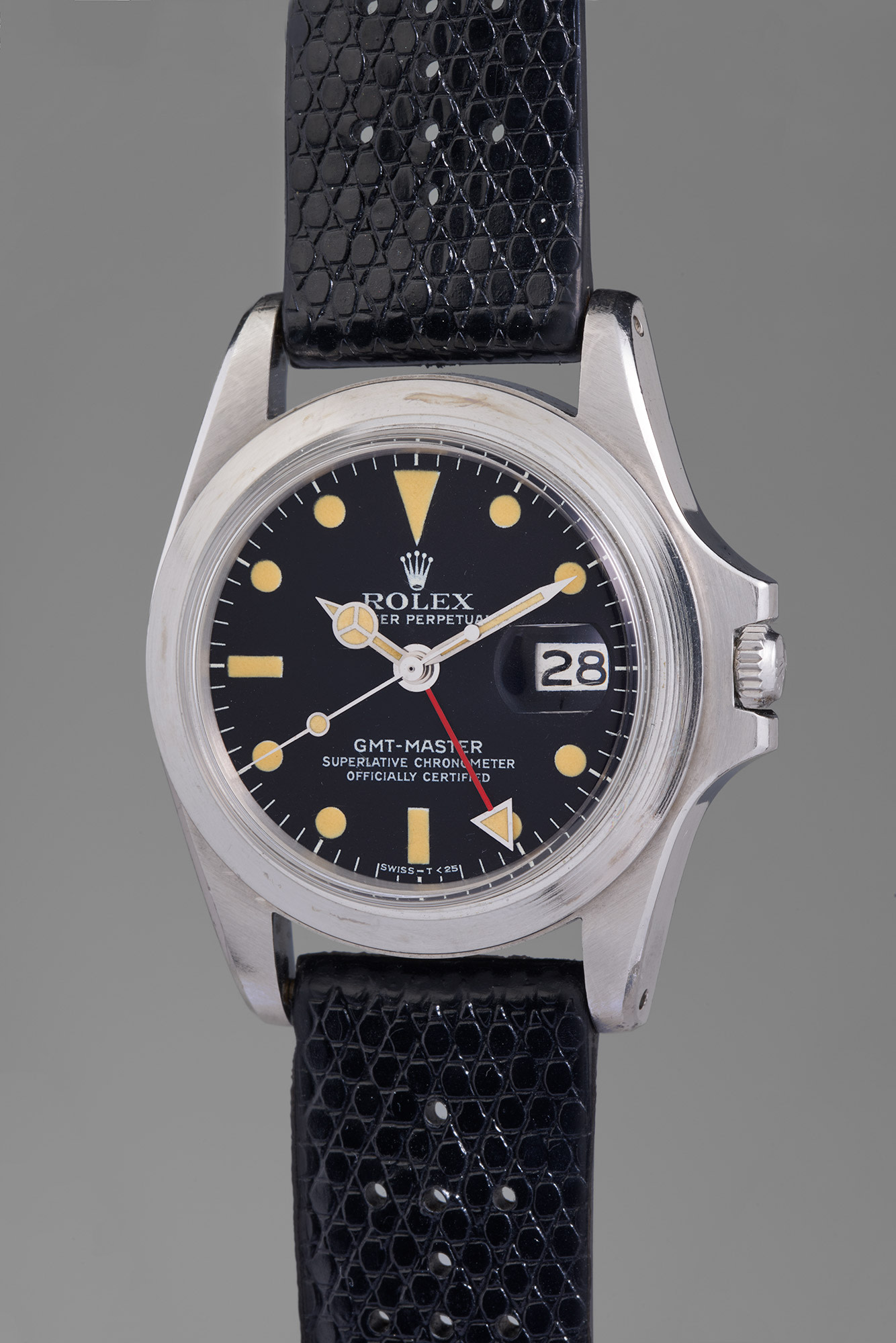 <p>The Marlon Brando 'Apocalypse Now' Rolex GMT-Master, Reference 1675. An iconic, historically important, and remarkably well-preserved stainless steel dual-time wristwatch with date, circa 1972</p>