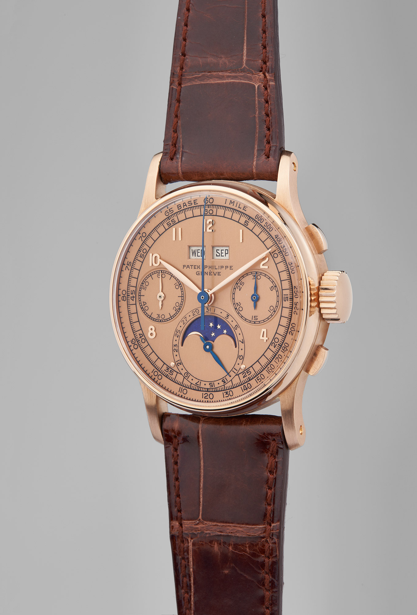 <p>Patek Philippe Perpetual Calendar Chronograph 'Pink-on-Pink', Reference 1518. A previously unknown, extremely rare, and highly attractive pink gold perpetual calendar chronograph wristwatch with pink dial and moon phase, circa 1947</p>