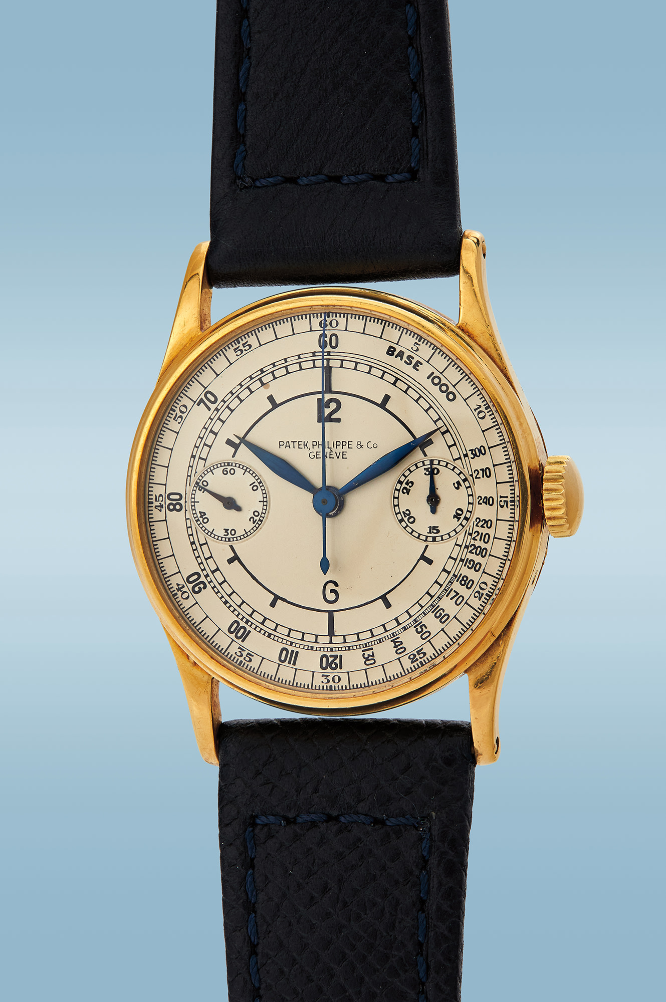 <p><strong>Patek Philippe.</strong> Ref. 130, An exceptional, important, and highly attractive yellow gold co-axial single button chronograph wristwatch with sector dial and tachymeter, circa 1930. Estimate: $150,000 - $300,000</p>
