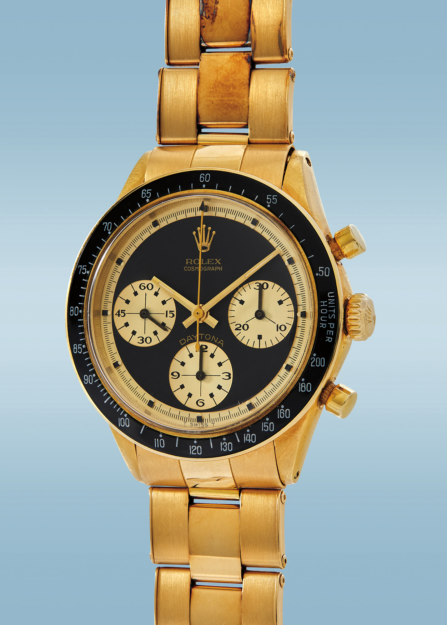 <p><strong>Rolex</strong>. Reference 6241, A highly important, very rare, and exceptional yellow gold chronograph wristwatch with Paul Newman &#39;John Player Special&#39; dial and bracelet, circa 1969. Estimate: $600,000 - $1,200,000</p>
