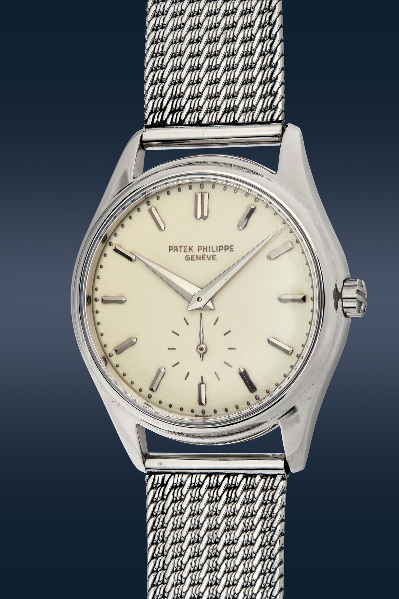 <p><strong>Patek Philippe.</strong> Reference 2526, A spectacular, important, and beautiful platinum automatic Calatrava wristwatch with enamel dial, circa 1954. Estimate: $100,000 - $200,000</p>
