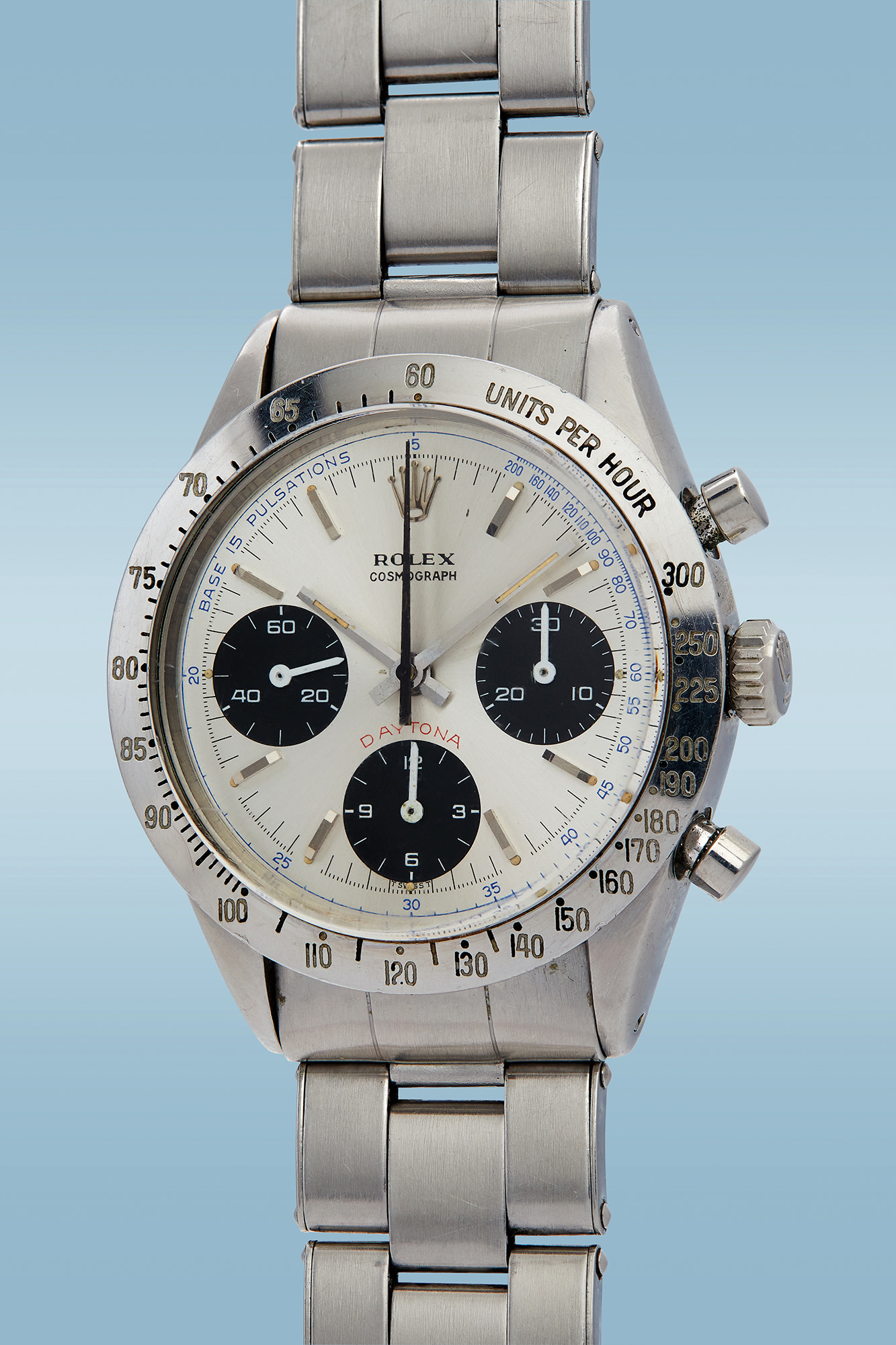 <p><strong>Rolex. </strong>Reference. 6239, Cosmograph Daytona - &ldquo;The Doctor&rdquo;. A fresh-to-market, stainless steel chronograph wristwatch with blue pulsation dial and tachymeter bezel, circa 1967. Estimate: $350,000 - $700,000</p>

