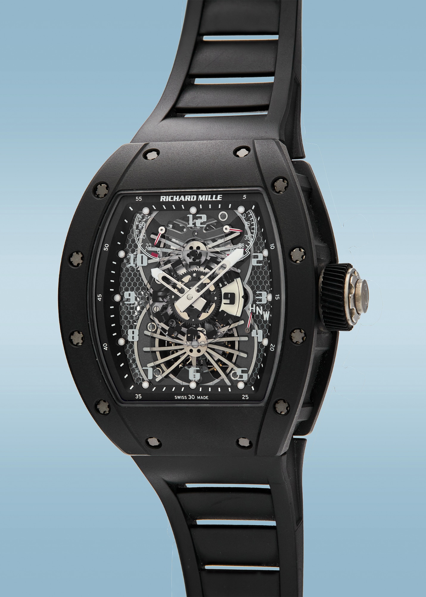 <p><strong>Richard Mille. </strong>Ref. RM022, A very rare and highly attractive limited edition skeletonized carbon dual time tourbillon wristwatch with torque, power reserve and function indicators, circa 2012. Estimate: $250,000 - $500,000</p>
