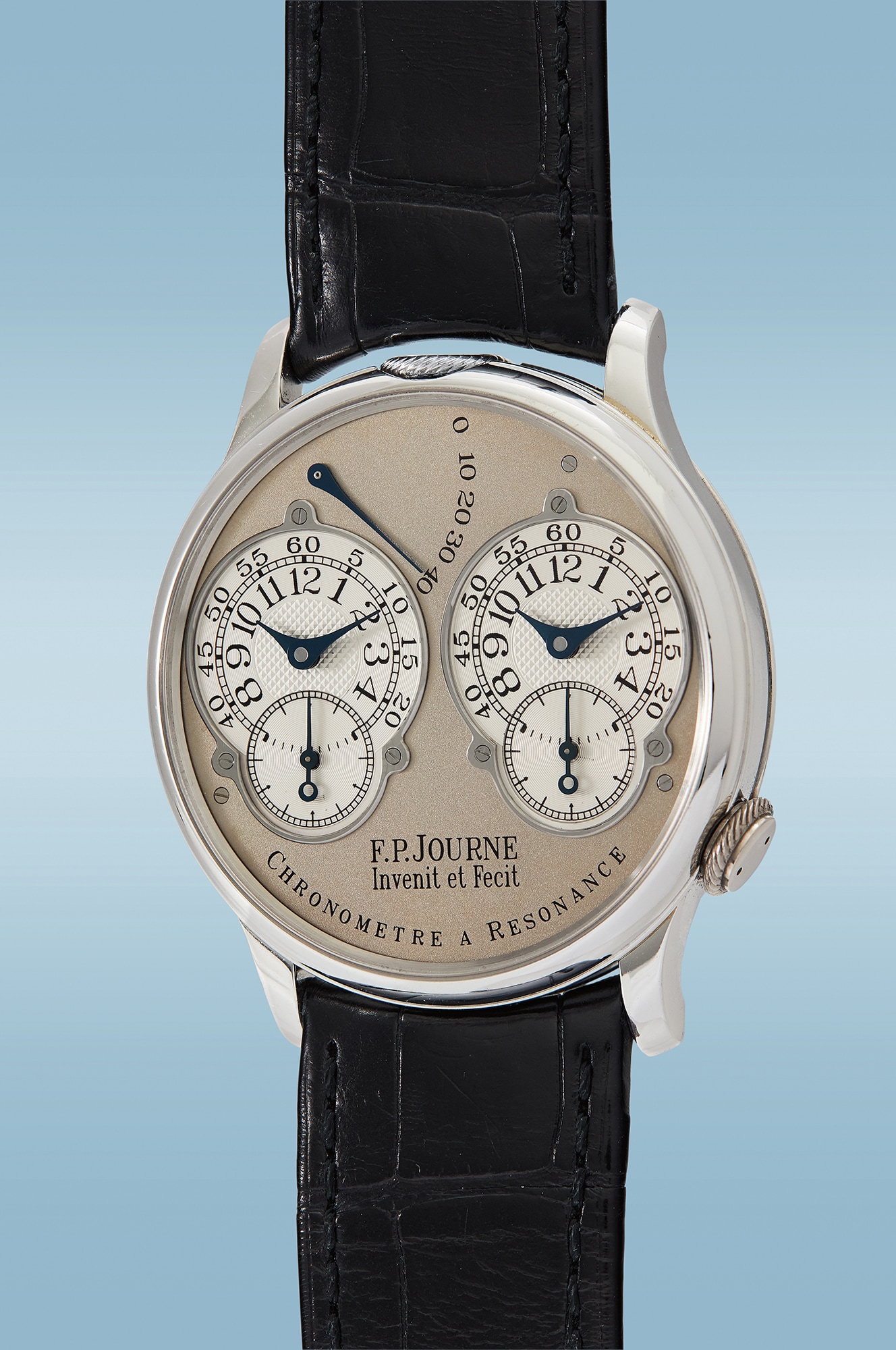 <p><strong>F.P. Journe. </strong>An early, extremely well-preserved, and attractive dual time &ldquo;Chronom&egrave;tre &agrave; Resonance&rdquo; platinum wristwatch with double escapement, circa 2002. Estimate: $120,000 - $240,000</p>
