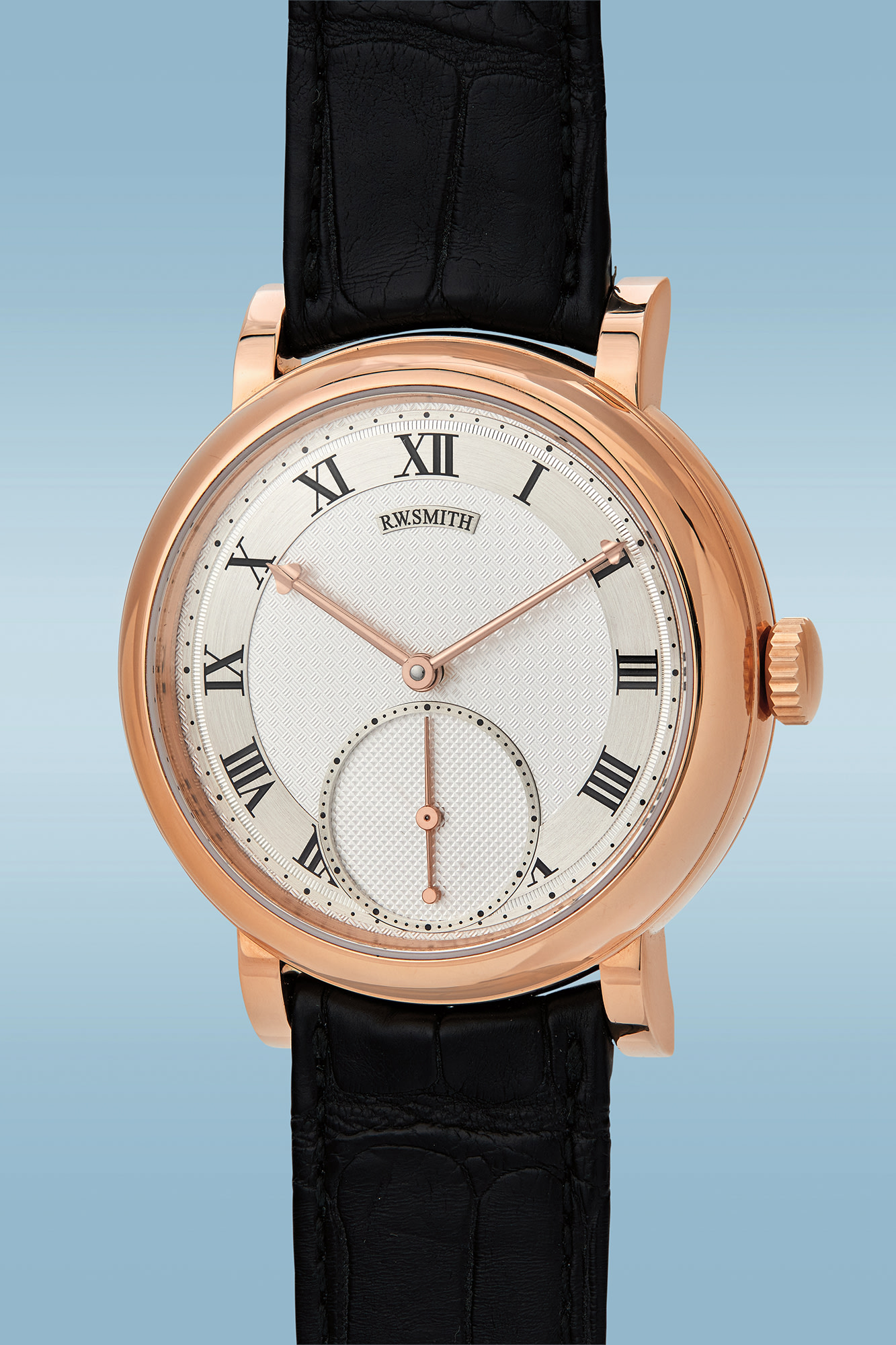 <p><strong>Roger Smith. </strong>An exceptional, important, and extremely rare pink gold wristwatch with subsidiary seconds, co-axial escapement, and engine-turned dial, numbered 1, circa 2012. Estimate: $120,000 - $240,000</p>
