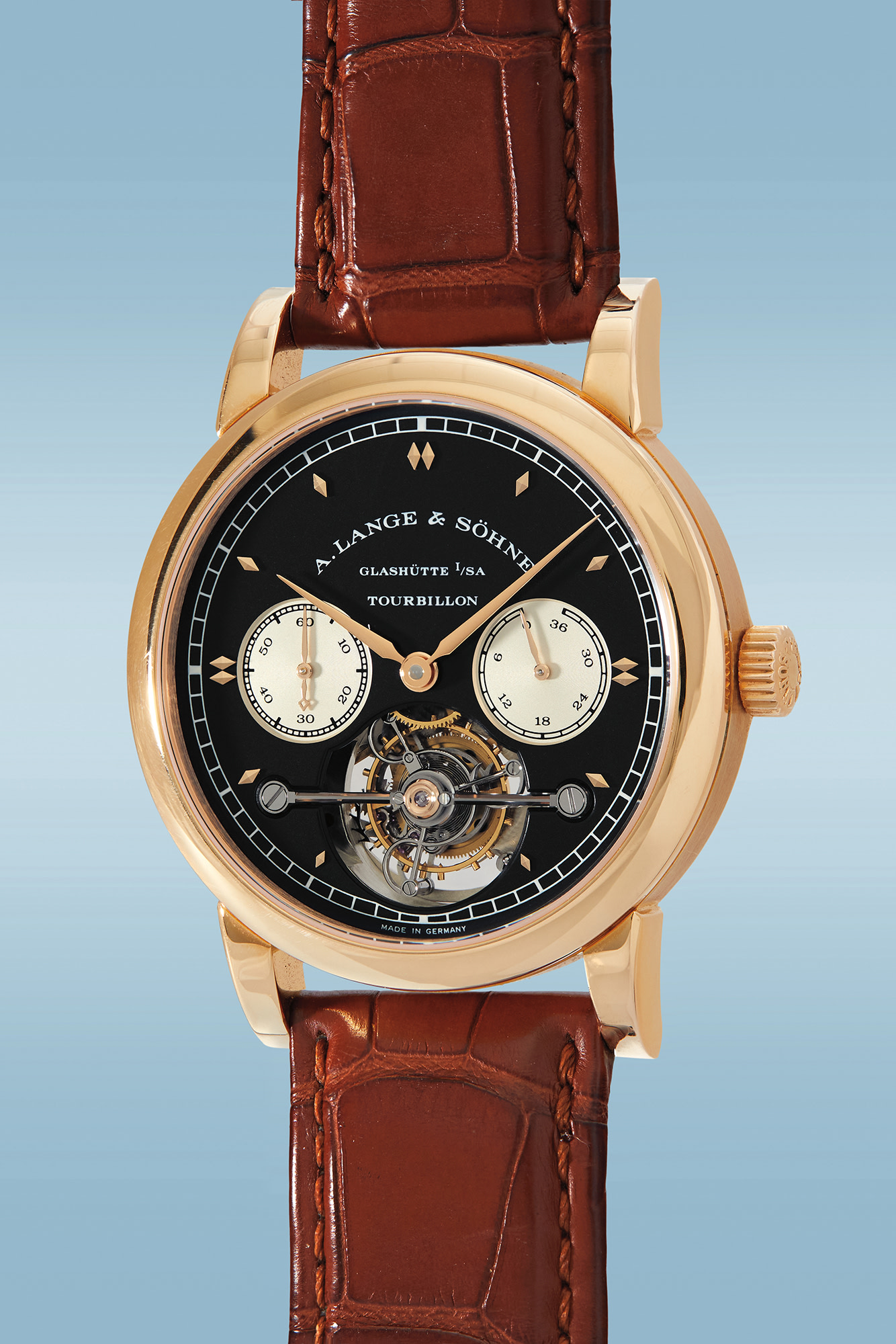 <p><strong>A. Lange &amp; S&ouml;hne. </strong>An important, astonishing, and extremely rare pink gold limited edition &ldquo;Pour Le Merite Tourbillon&rdquo; one-minute tourbillon wristwatch with fus&eacute;e chain, up/down indicator, and black dial, circa 1994. Estimate: $160,000 - $320,000</p>
