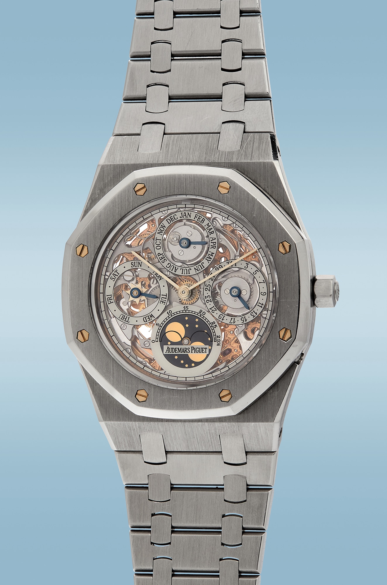 <p><strong>Audemars Piguet. </strong>Ref. 25636ST, An extremely fine and very rare limited edition stainless steel, skeletonized &ldquo;Royal Oak&rdquo; perpetual calendar wristwatch with moon phase and bracelet, number 18 of 25 pieces, circa 1993. Estimate: $100,000 - $200,000</p>
