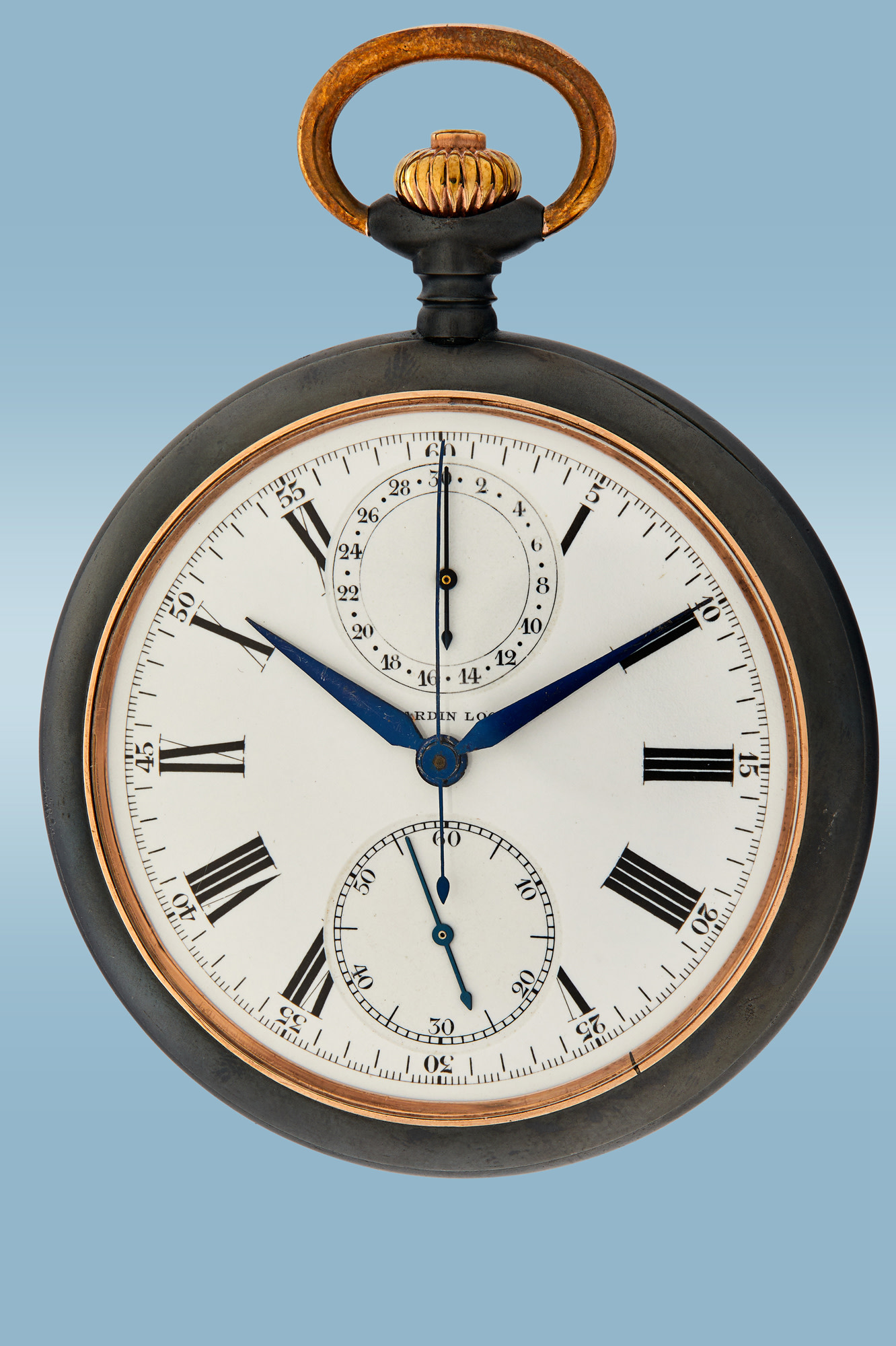 <p><strong>ULYSSE NARDIN</strong>, Open-face chronograph pocket watch with certificate and presentation box, gunmetal blue steel, circa 1912</p>
