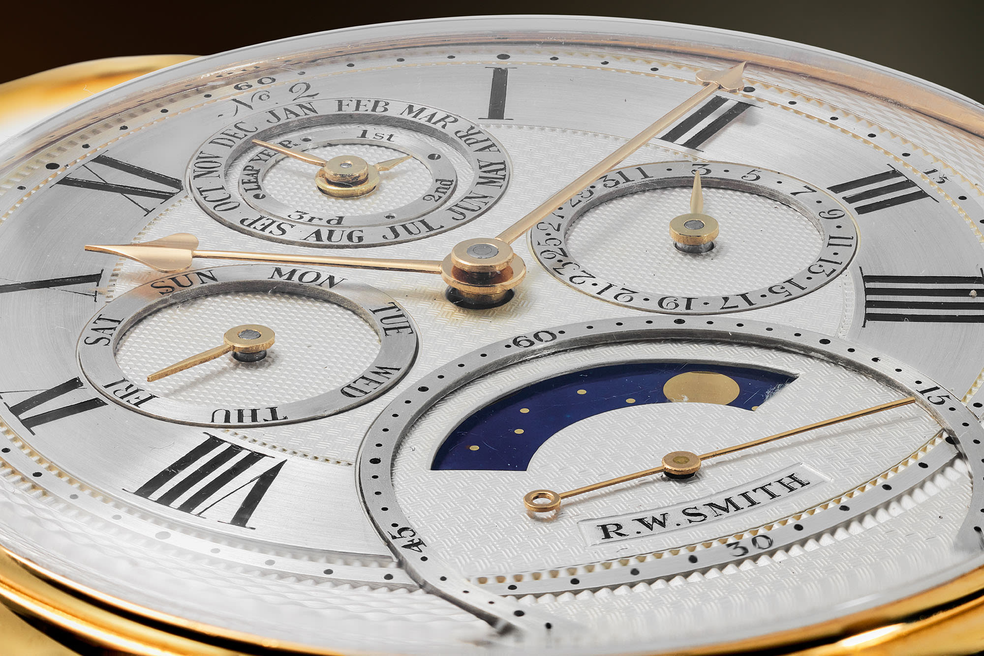 <p><strong>ROGER SMITH.</strong> <em>Pocket Watch No. 2 - A unique, career defining, and historically important yellow gold pocket watch with tourbillon, spring detent escapement, perpetual calendar, moon phase, and leap year indicator, every component hand-made by Roger Smith. </em>Circa 1998</p>
<div> </div>
