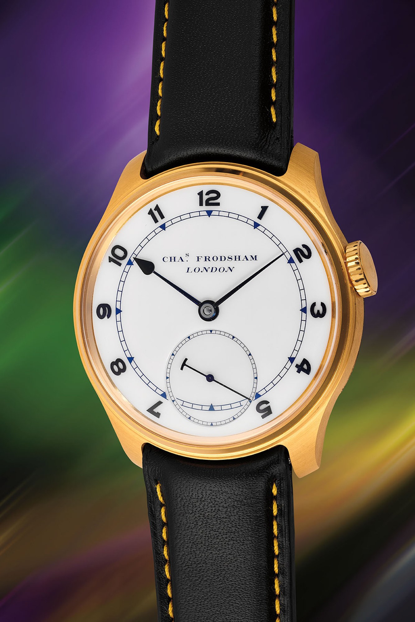 <p><strong>CHARLES FRODSHAM</strong>&nbsp;<em>Double Impulse Chronometer Unique Piece, 22K yellow gold</em></p>
