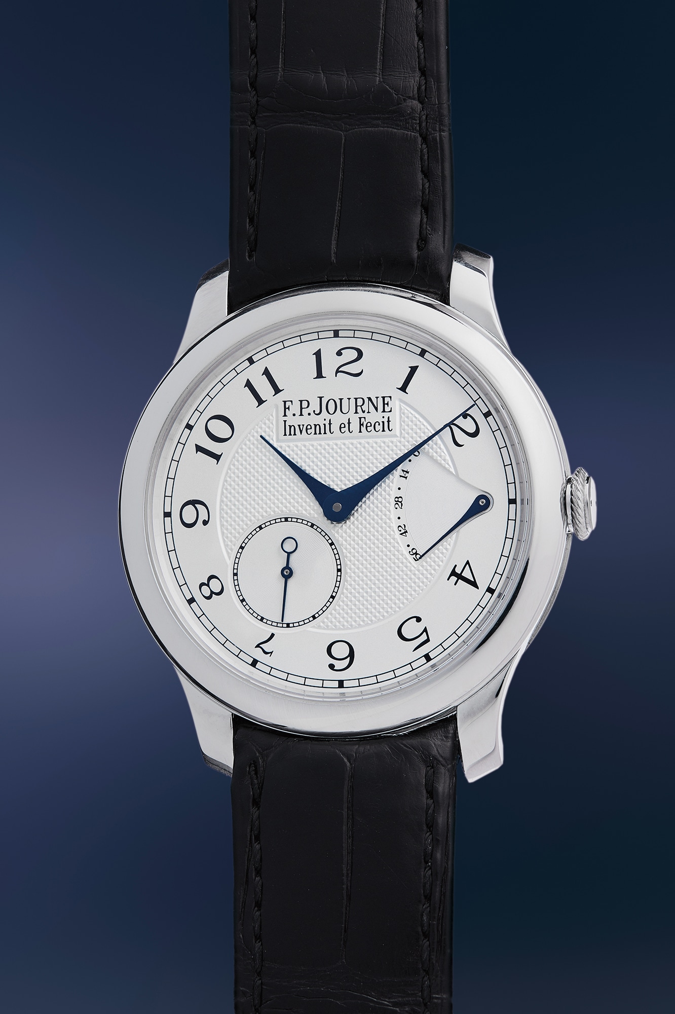 <p><strong>F.P. JOURNE</strong> Chronomètre Souverain Gifted to George Daniels - A unique and historically important platinum wristwatch with power reserve indication, presented to George Daniels by François-Paul Journe, with personal engraving on the movement, signed F. P. Journe letter and presentation boxes</p>