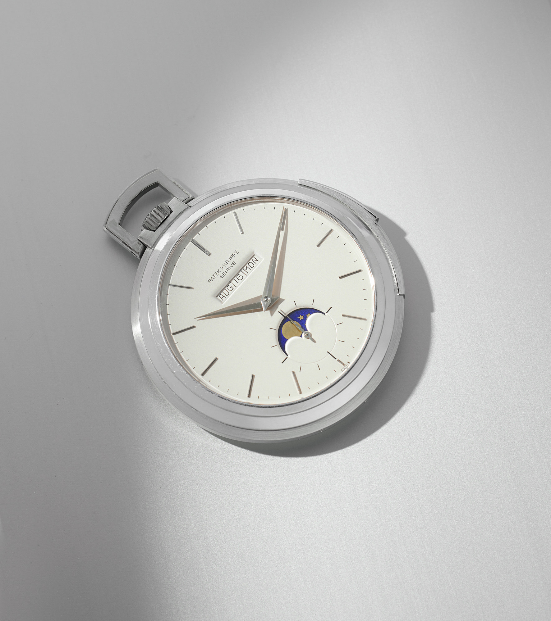 <p><strong>PATEK PHILIPPE</strong><em> Ref. 844, A white gold minute repeating perpetual calendar keyless lever pocket watch with &ldquo;in line display&rdquo;, one of only two known,</em> circa 1973</p>
