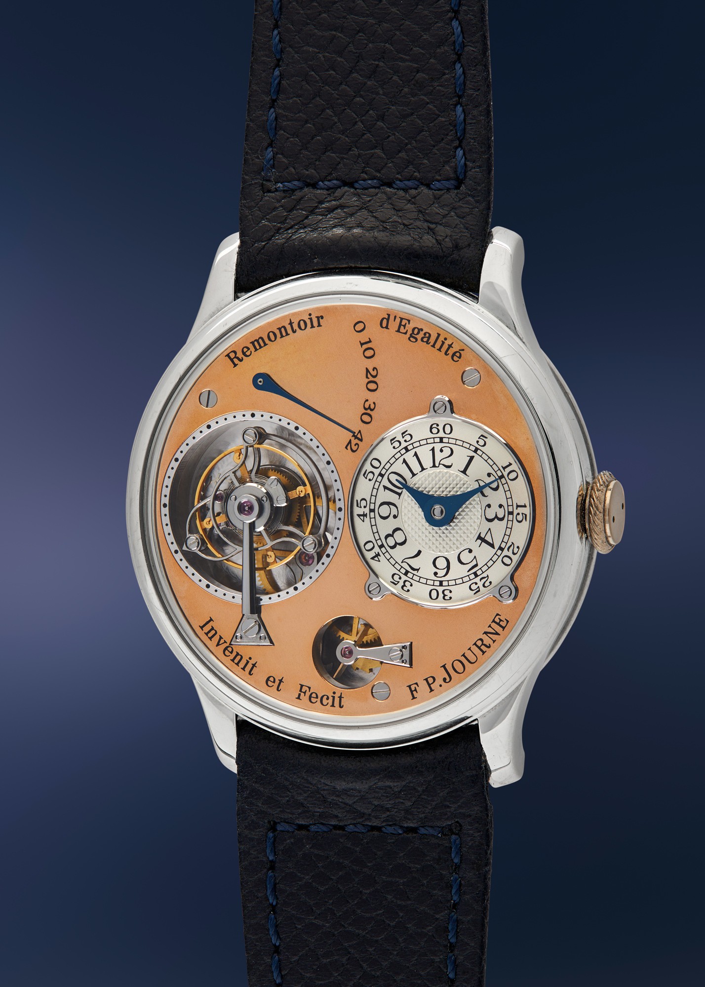 <p><strong>F.P. JOURNE</strong>, Tourbillon No. 038 - A very early, highly important, and extremely rare platinum tourbillon wristwatch with remontoir d’egalité, pink gold dial, and certificate of authenticity, numbered 038</p>