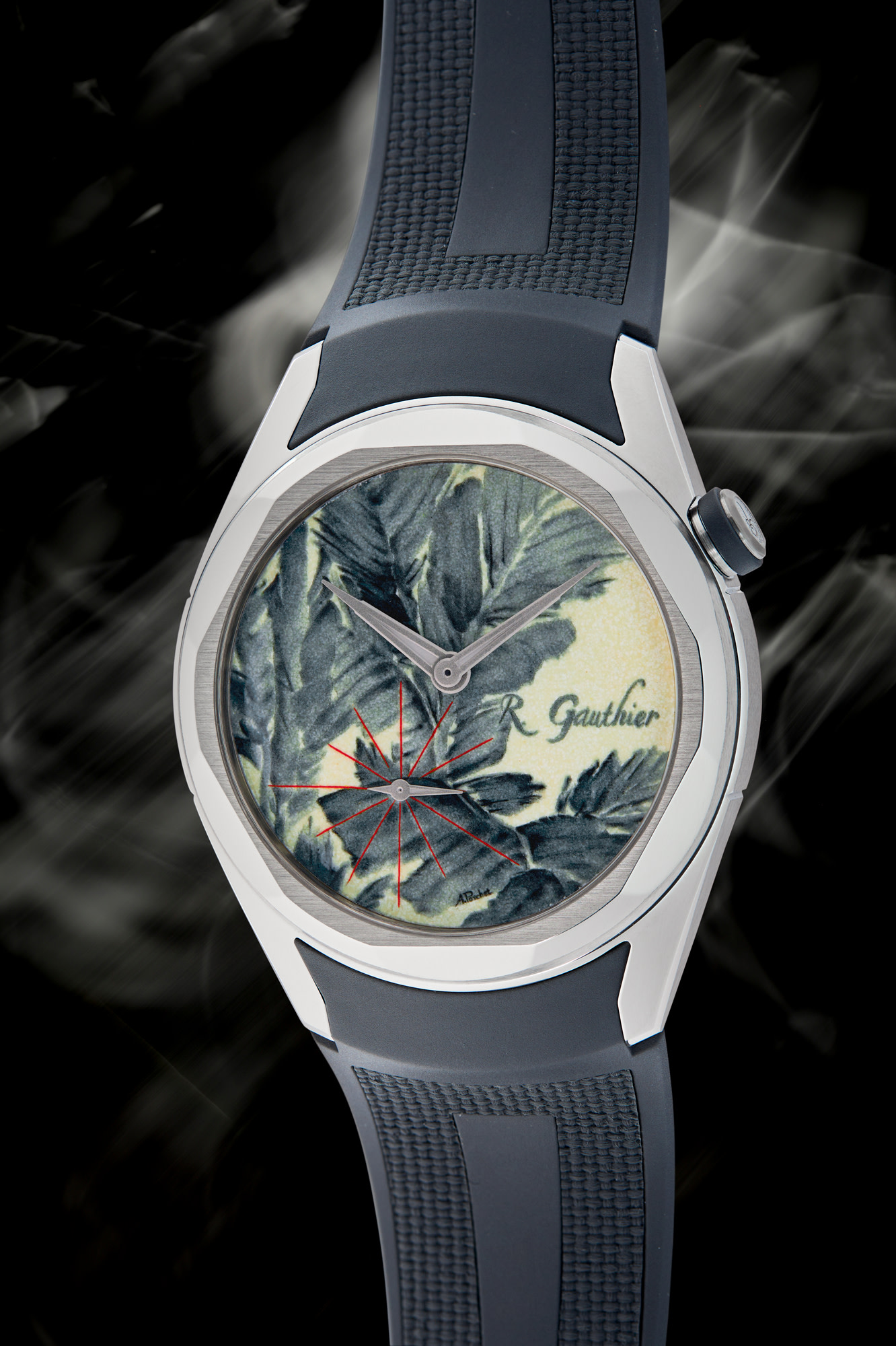 <p><strong>ROMAN GAUTHIER</strong>, "C" Unique Piece – A unique and spectacular platinum wristwatch with subsidiary seconds and hand-painted enamel dial by Anita Porchet, offered to benefit TimeForArt</p>