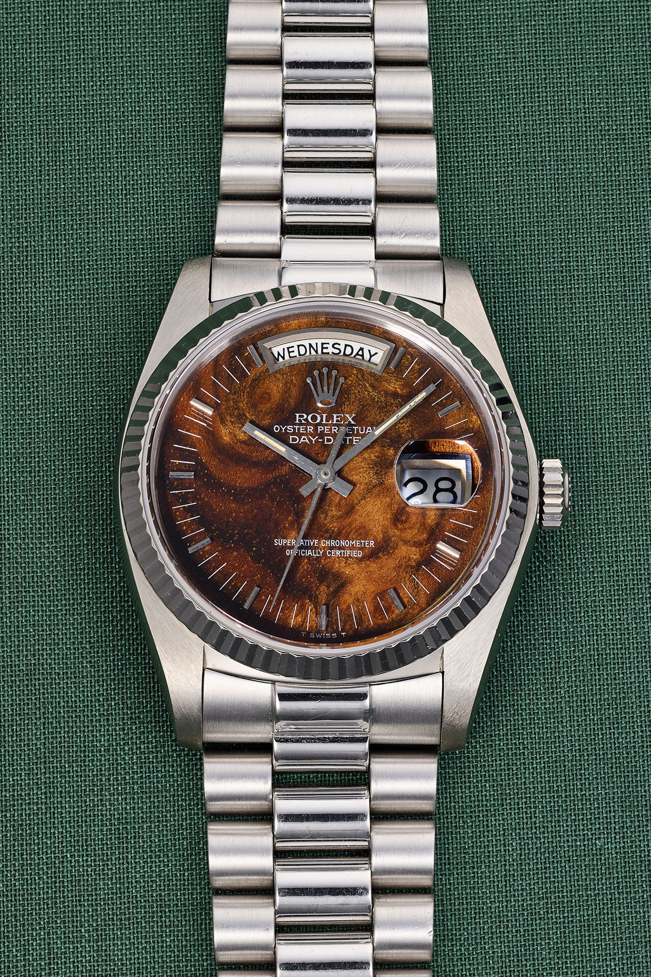 <p>ROLEX <em>Day-Date ref. 18039, 18K white gold with wood dial</em></p>