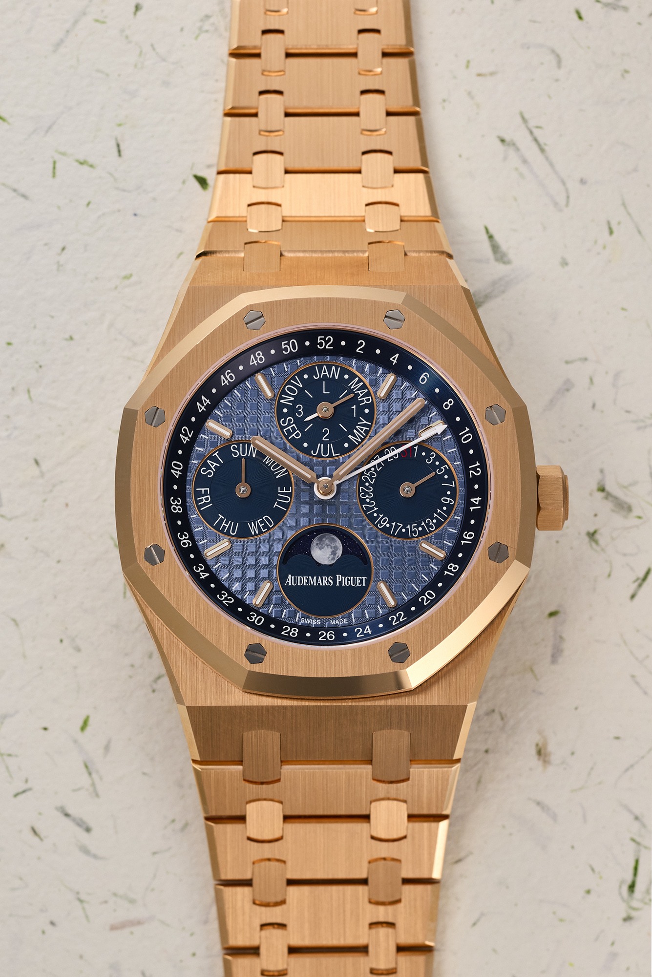 <p><strong>AUDEMARS PIGUET</strong> <em>Royal Oak Perpetual Calendar Ref. 26574OR, 18K pink gold,</em> $80,000&ndash;160,000</p>

