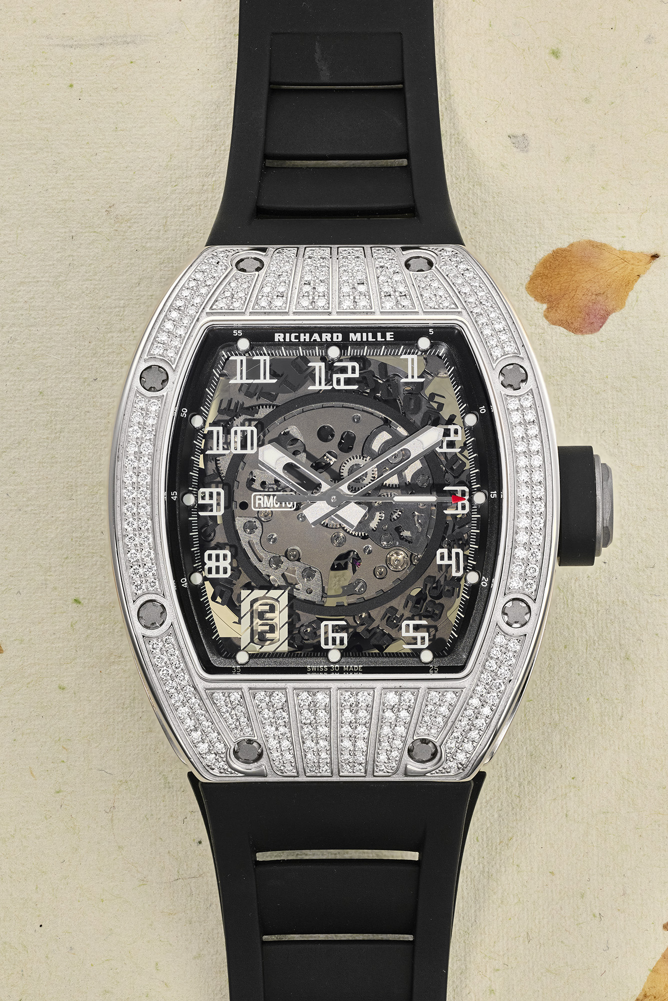 <p><strong>RICHARD MILLE</strong> <em>RM010, 18K white gold and diamond-set,</em> $60,000&ndash;120,000</p>
