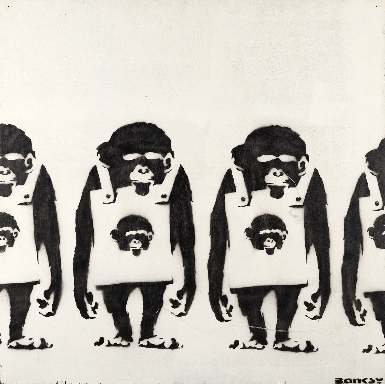 <p><strong>BANKSY </strong><em>Laugh Now Monkeys with Monkey Placards</em>, 2000</p>
