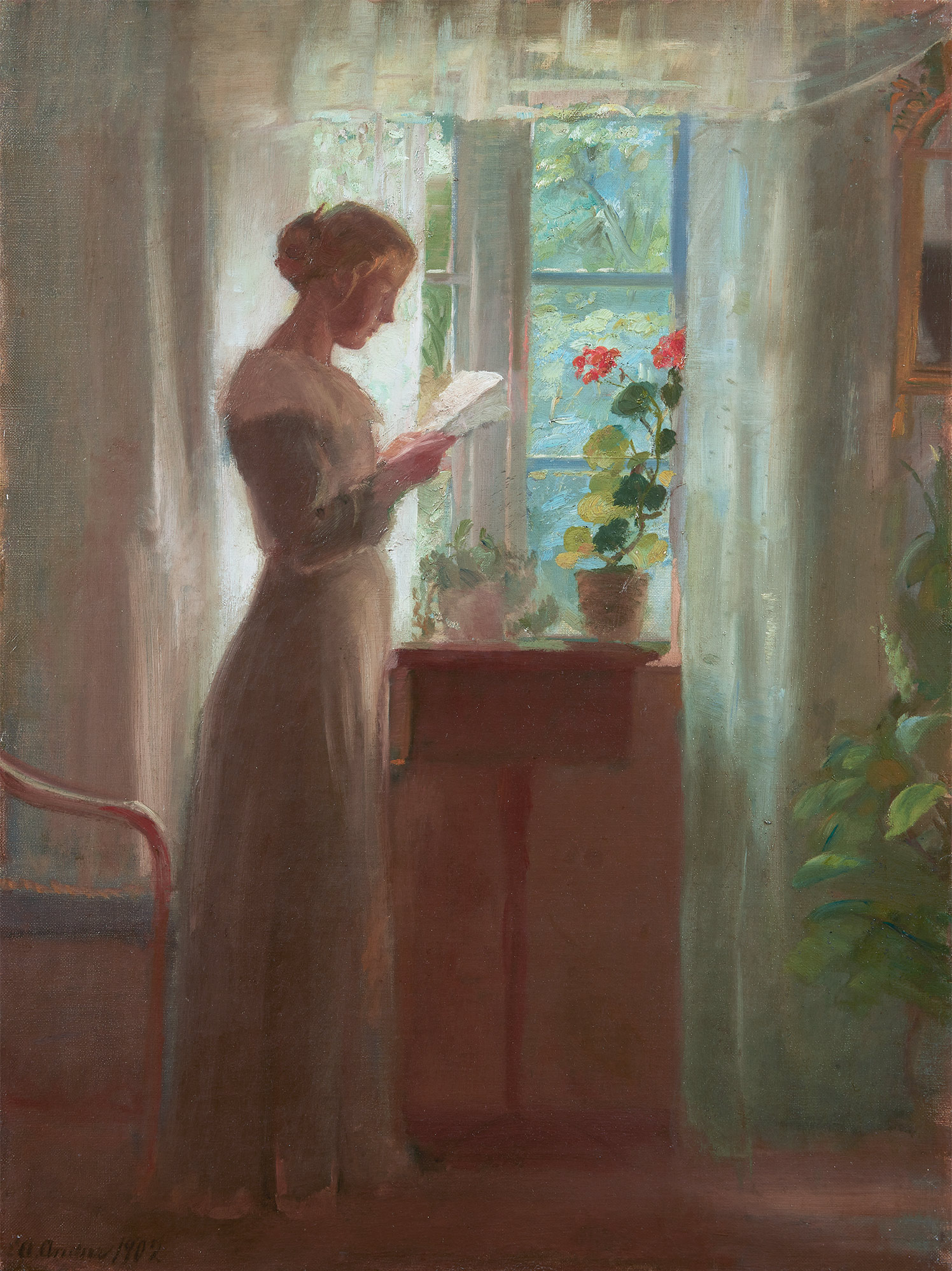 <p><strong>ANNA ANCHER</strong> <em>Young Girl Reading a Letter (Ung pige, der l&aelig;ser et brev),</em> 1902</p>
