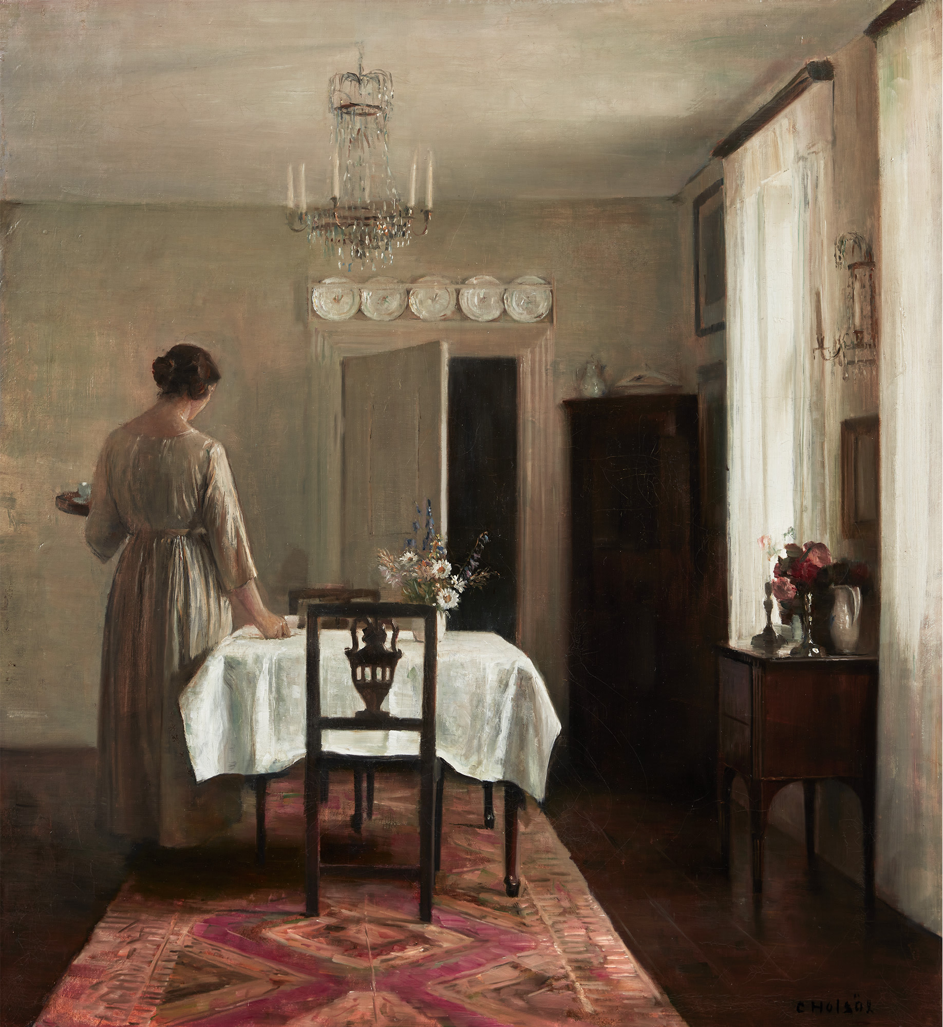 <p><strong>CARL HOLS&Oslash;E</strong>&nbsp;<em>Artist's Wife Setting Table (Kunstnerens hustru d&aelig;kker bordet)</em>, after 1886</p>
