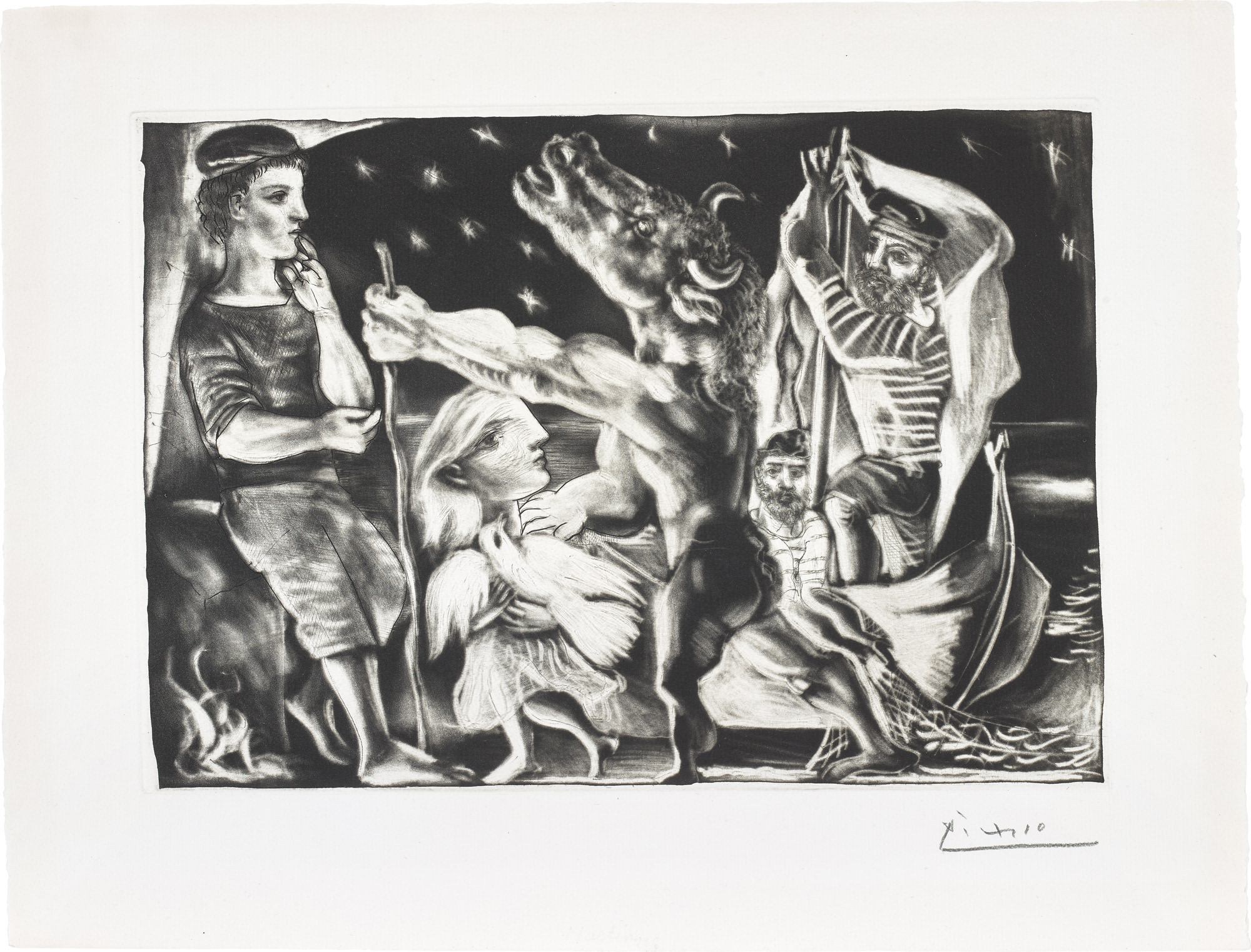 <p><strong>PABLO PICASSO </strong><em>Minotaure aveugle guidé par Marie-Thérèse au pigeon dans une nuit étoilée (Blind Minotaur Guided Through a Starry Night by Marie-Thérèse with a Dove), plate 97 from La Suite Vollard</em>, 1934</p>