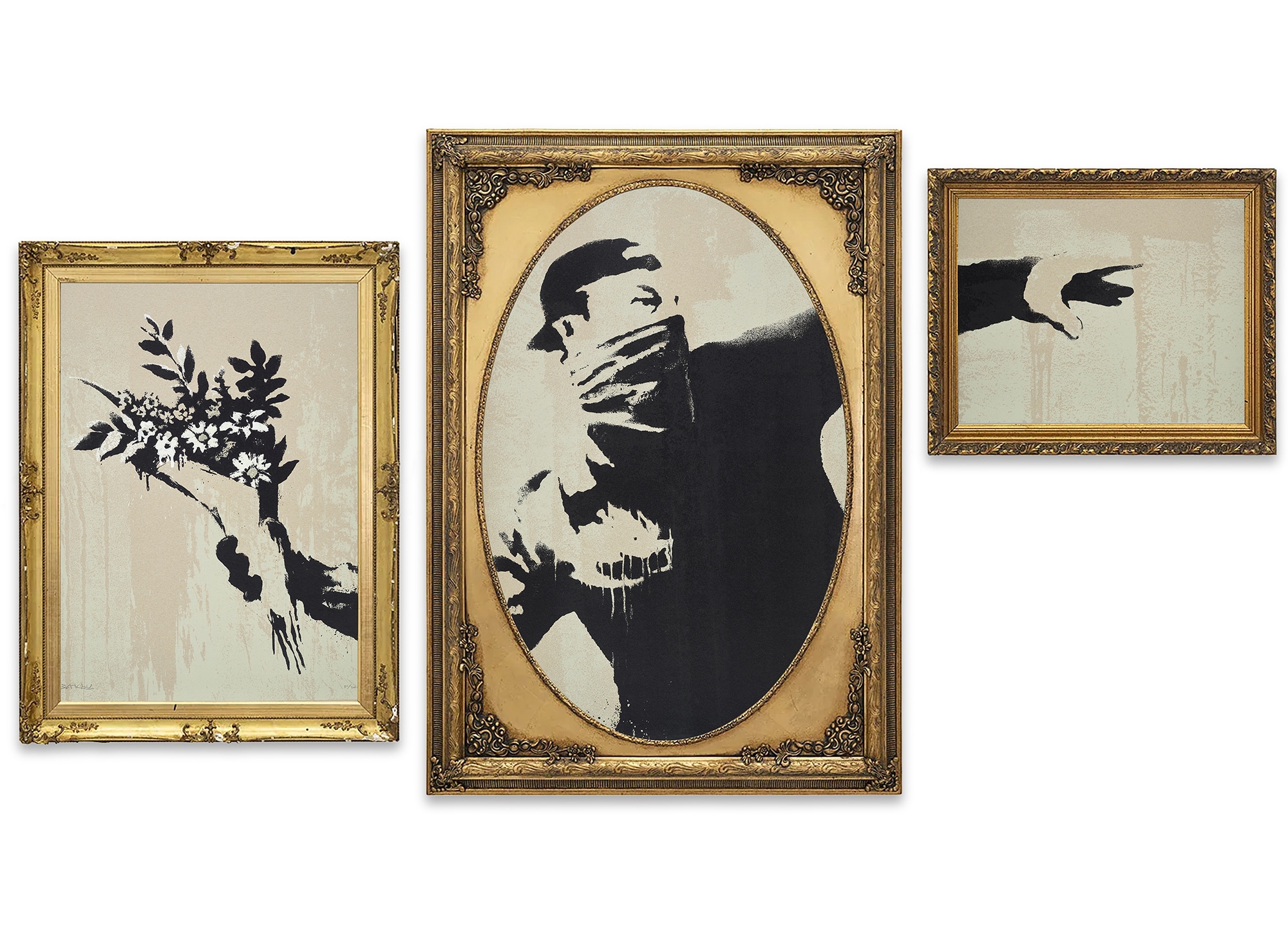 <p><strong>BANKSY</strong>&nbsp;<em>Flower Thrower Triptych (Grey),</em>&nbsp;2019</p>
