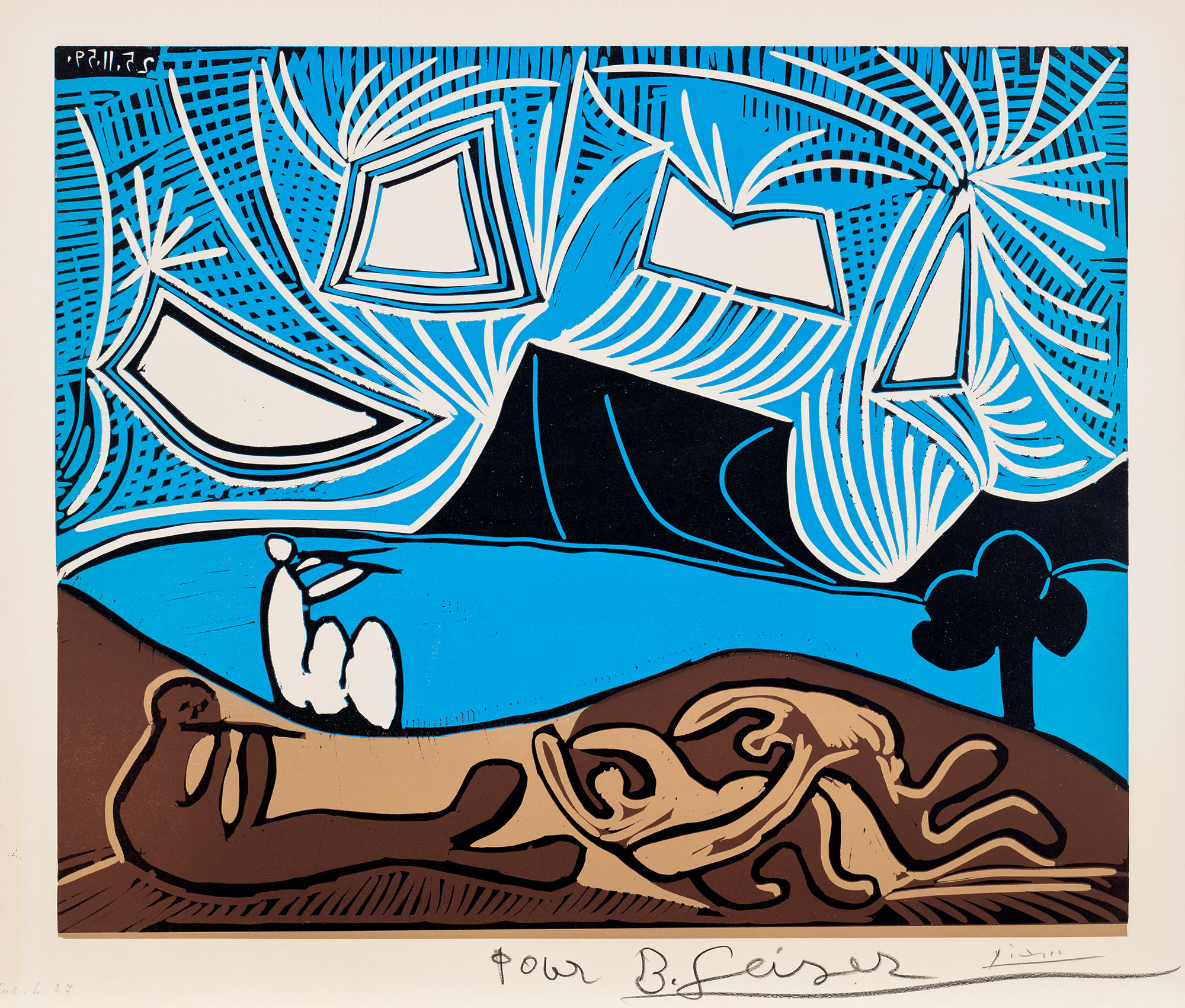 <p><strong>PABLO PICASSO</strong> <em>Couple et fl&ucirc;tistes au bord d'un lac (Bacchanale) (Couple and Flutists by a Lake)</em>, 1959</p>
