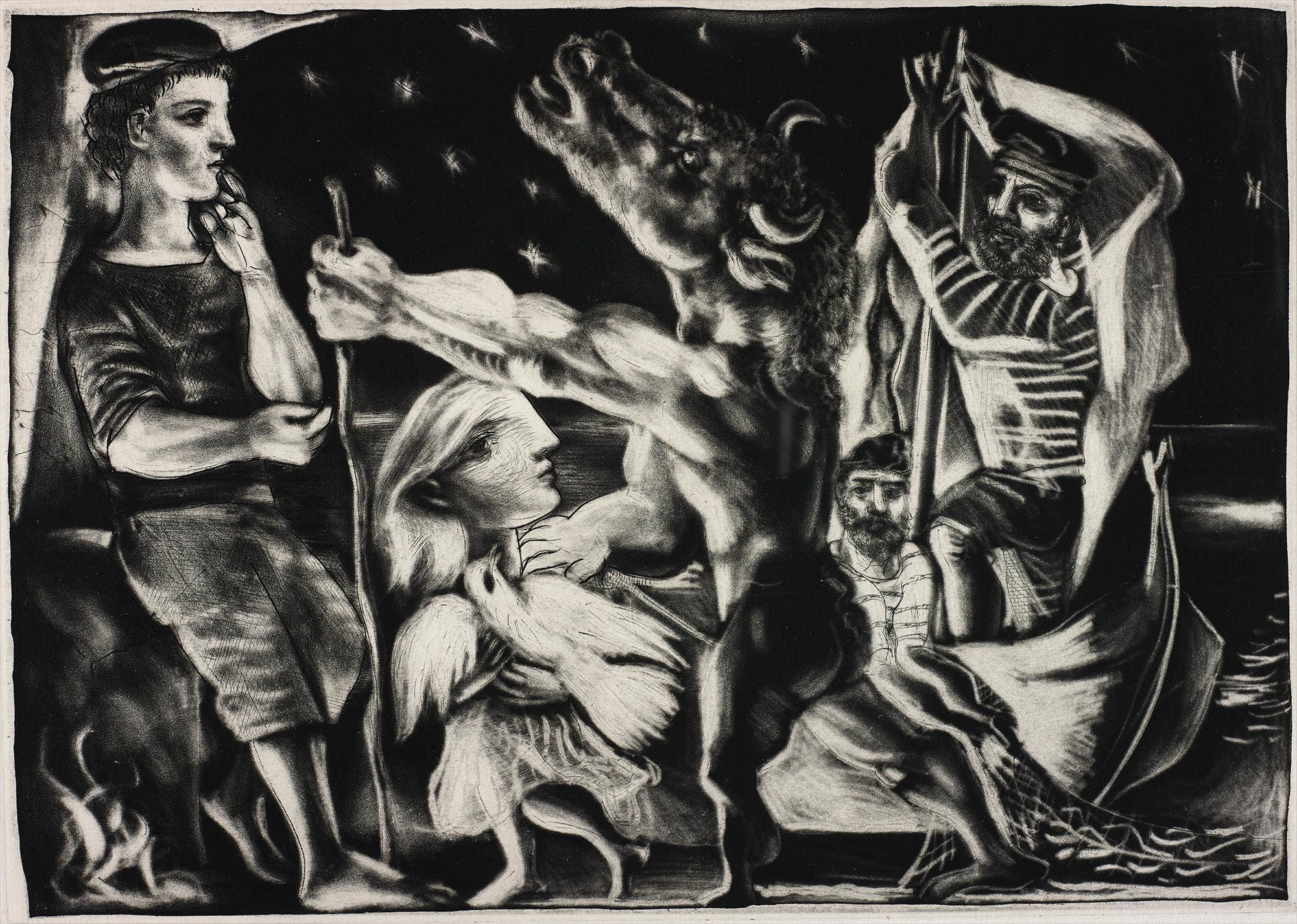 <b>PABLO PICASSO</b> <i>Minotaure aveugle guidé par Marie-Thérèse au pigeon dans une nuit étoilée</i>, 1934