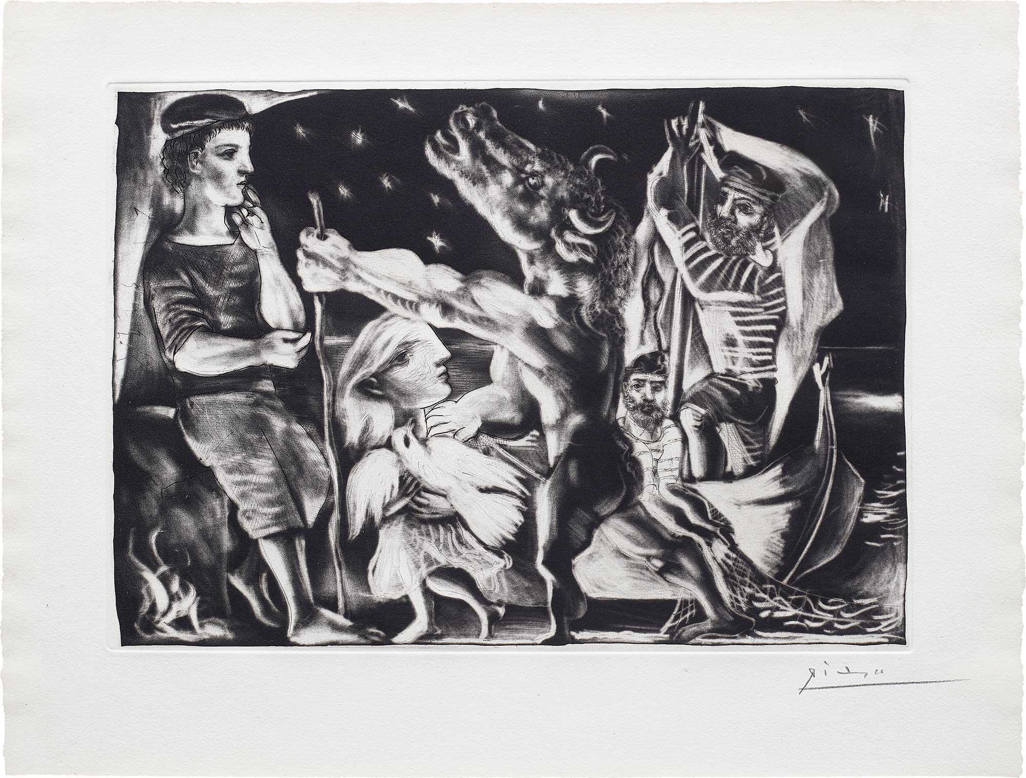 <b>PABLO PICASSO</b> <i>Minotaure aveugle guid&#233; par Marie-Th&#233;r&#232;se au  pigeon dans une nuit &#233;toil&#233;e (Blind Minotaur Guided Through a Starry  Night by Marie-Th&#233;r&#232;se with a Dove), plate 97</i>, from <i>La Suite Vollard</i>, 1934