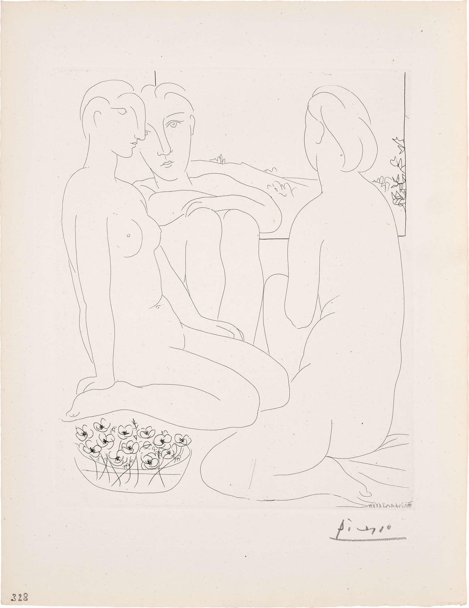 <p><strong>PABLO PICASSO</strong> <em>Trois femmes nues près d'une fenêtre (Three Nude Women by a Window), plate 67</em> from <em>La Suite Vollard,</em> 1933</p>