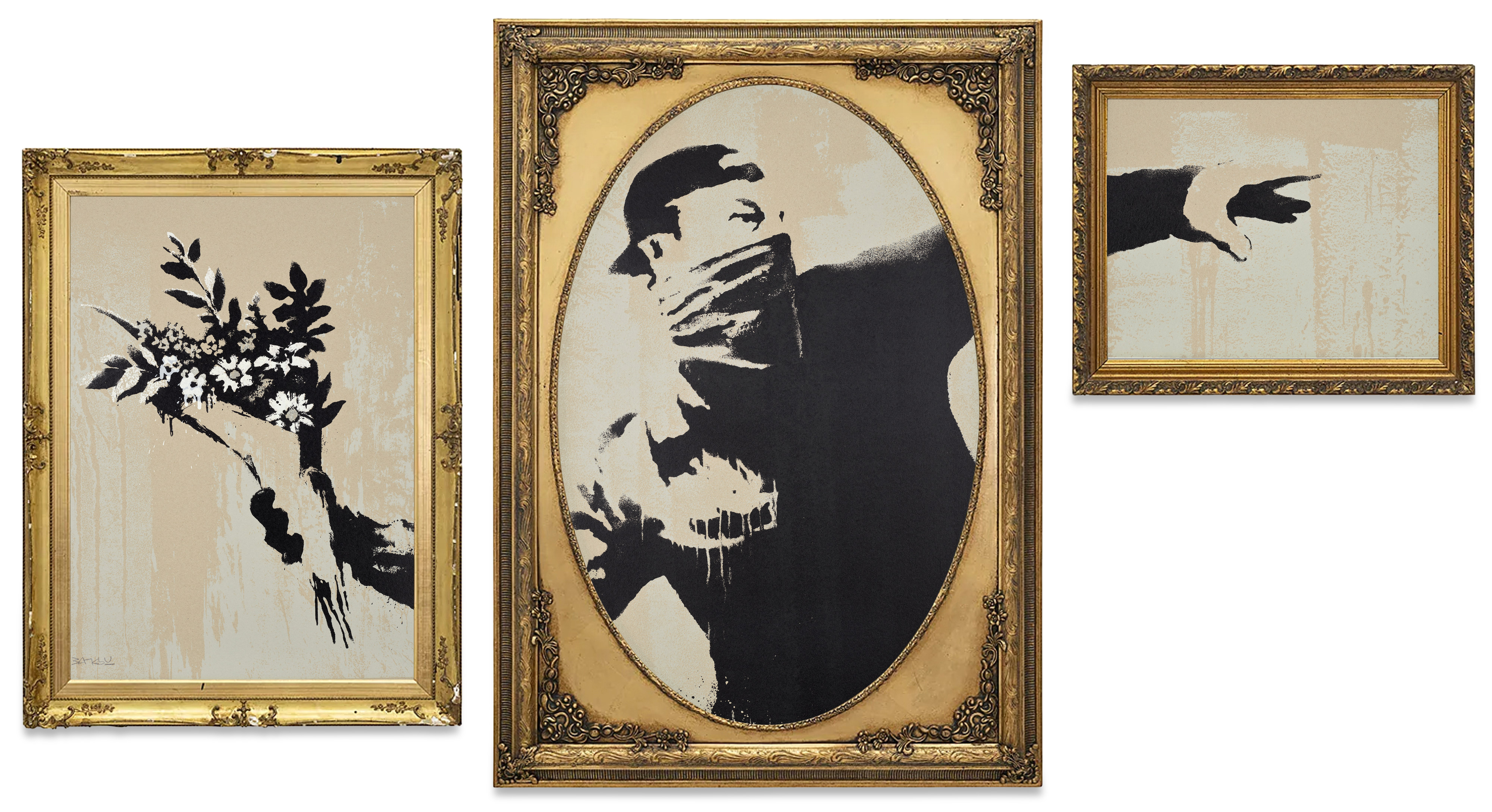 <p><strong>BANKSY</strong> <em>Flower Thrower Triptych (Grey),</em> 2019</p>
