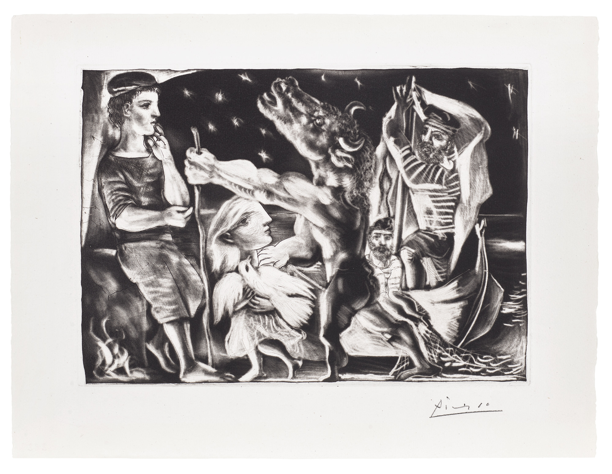 <p><strong>PABLO PICASSO </strong><em>Minotaure aveugle guid&eacute; par Marie-Th&eacute;r&egrave;se au pigeon dans une nuit &eacute;toil&eacute;e (Blind Minotaur Guided Through a Starry Night by Marie-Th&eacute;r&egrave;se with a Dove), plate 97</em> from <em>La Suite Vollard,</em> 1934</p>
