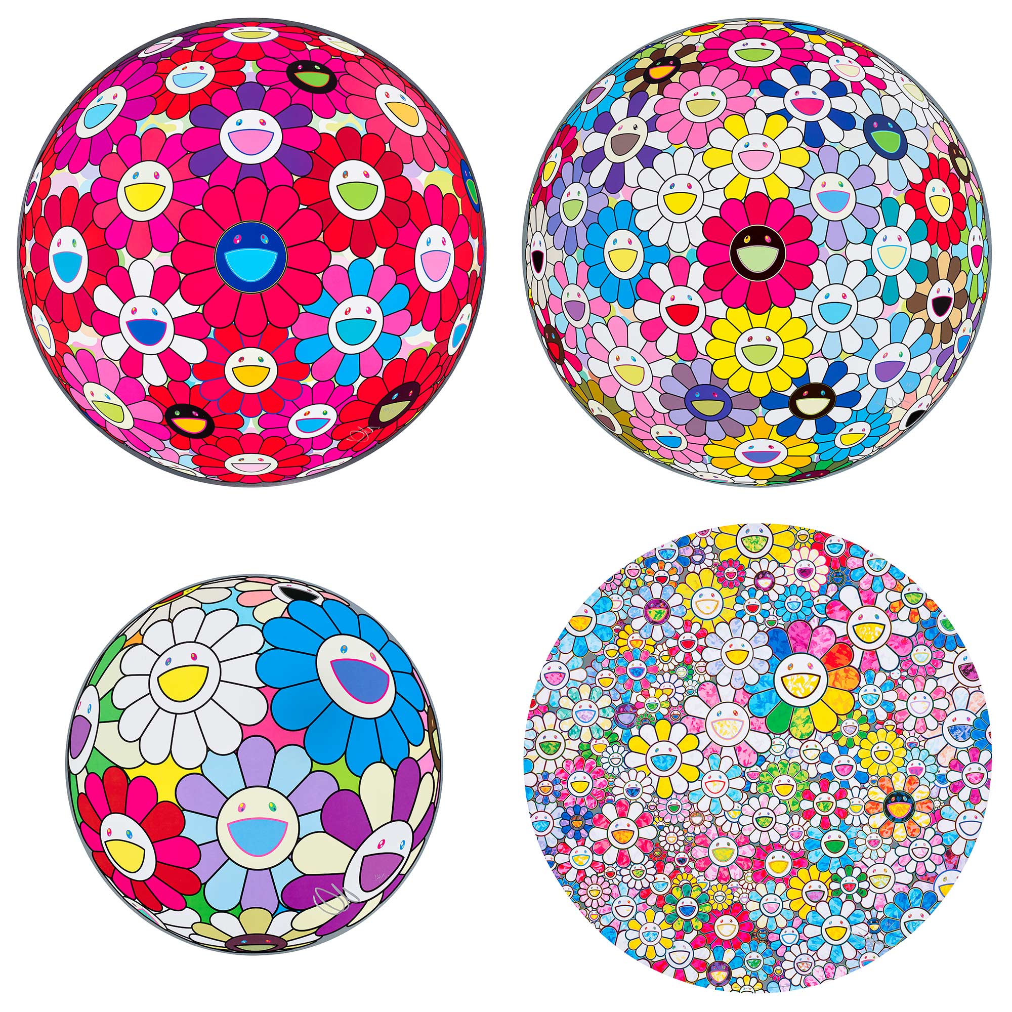 <p><strong>TAKASHI MURAKAMI</strong> <em>Hey! You! Do You Feel What I Feel?; Space Show; Festival Flower Decoration; and Happy x A Trillion Times: Flower,</em> 2014-2019</p>