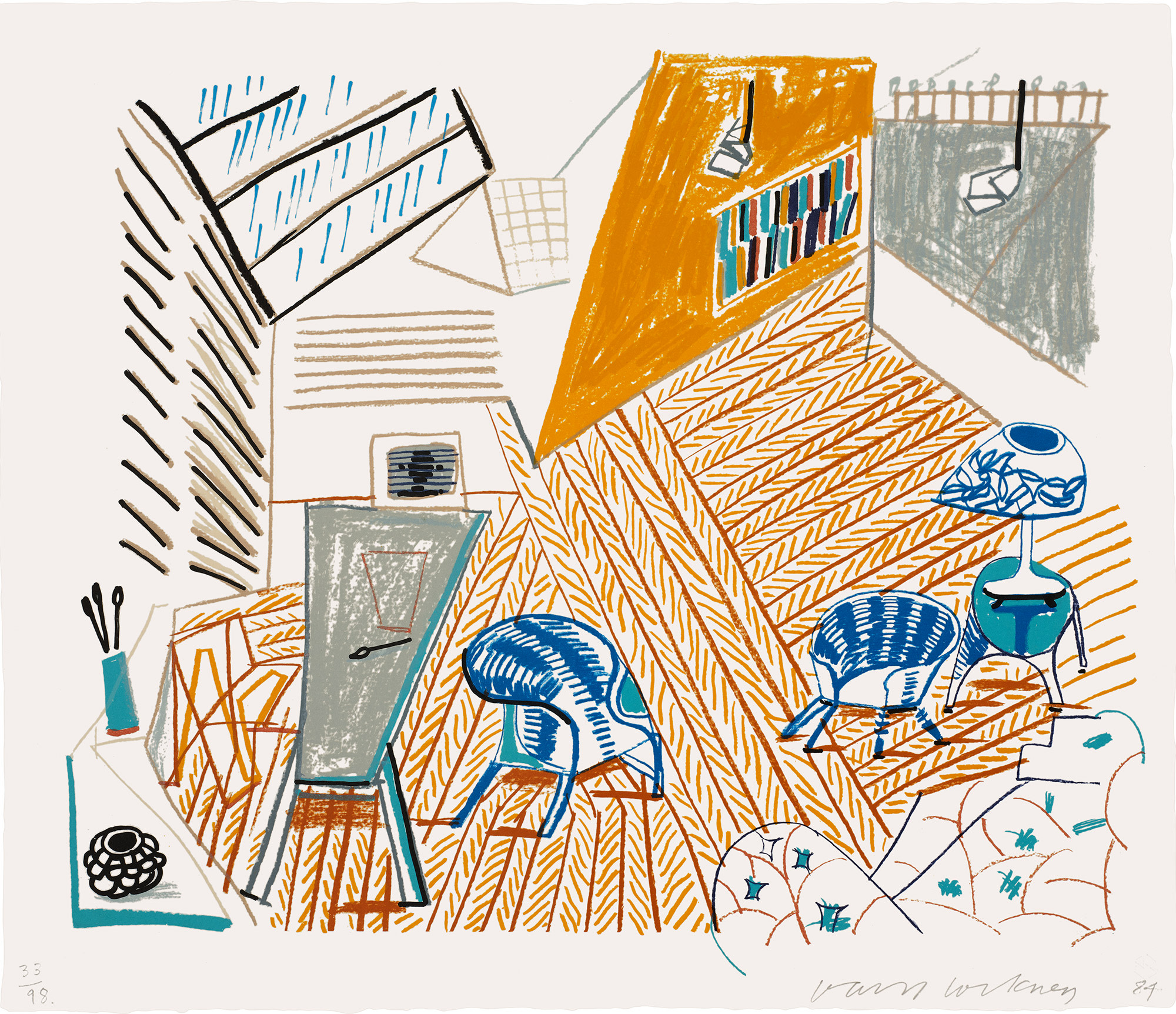 <p><strong>DAVID HOCKNEY</strong> <em>Pembroke Studio With Blue Chairs and Lamp,</em> from <em>Moving Focus,</em> 1984</p>
