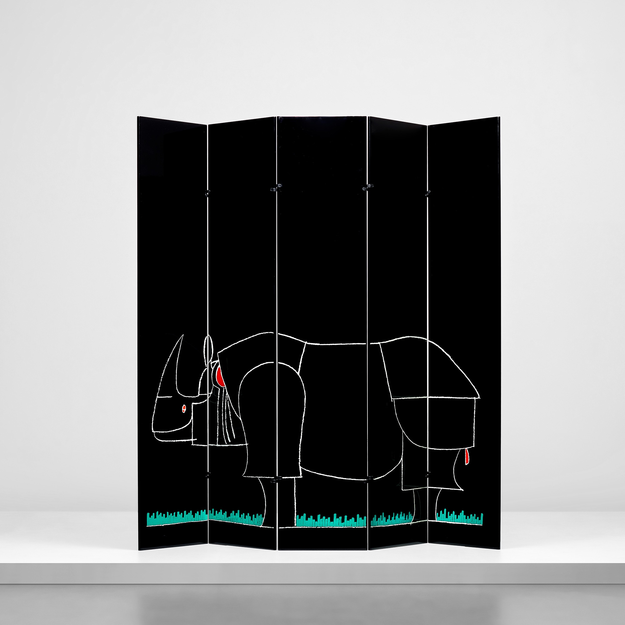 <p><strong>FRANÇOIS-XAVIER LALANNE AND KAZUHIDE TAKAHAMA <em>'</em></strong><em>Rhinocéros' five-paneled screen, from the 'Ultramobile' series</em>, 1970s</p>