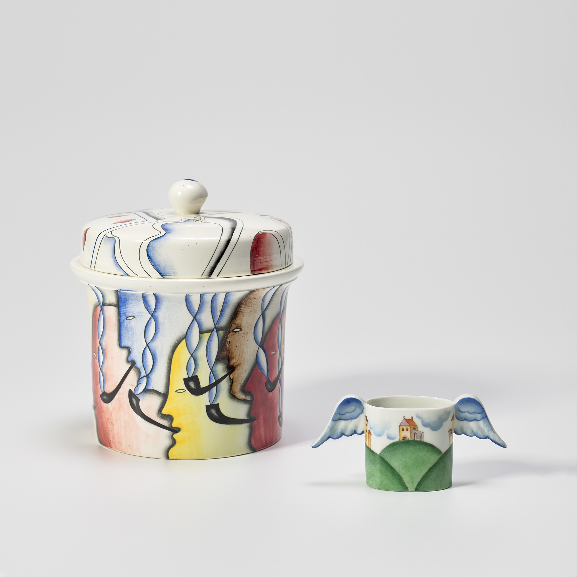 <p><strong>GIO PONTI</strong> <em>Lidded tobacco jar, model no. 5776 and match holder or jar, model no. 6090, </em>1928</p>
