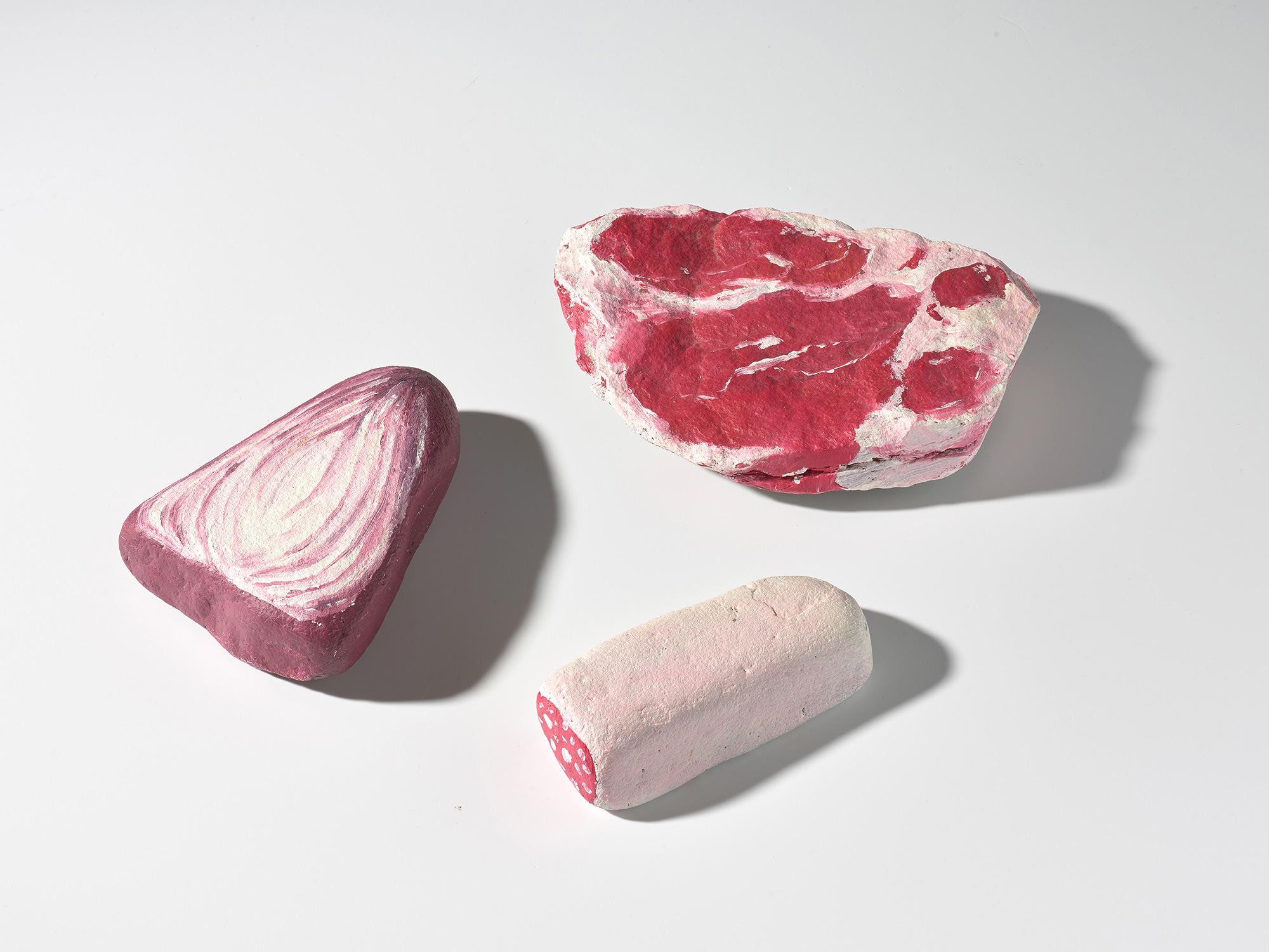 <p><strong>NICOLAS PARTY </strong><em>Three works: (i) Blakam's stone (steak); (ii) Blakam's stone (salami); (iii) Blakam's stone (onion), </em>2010</p>